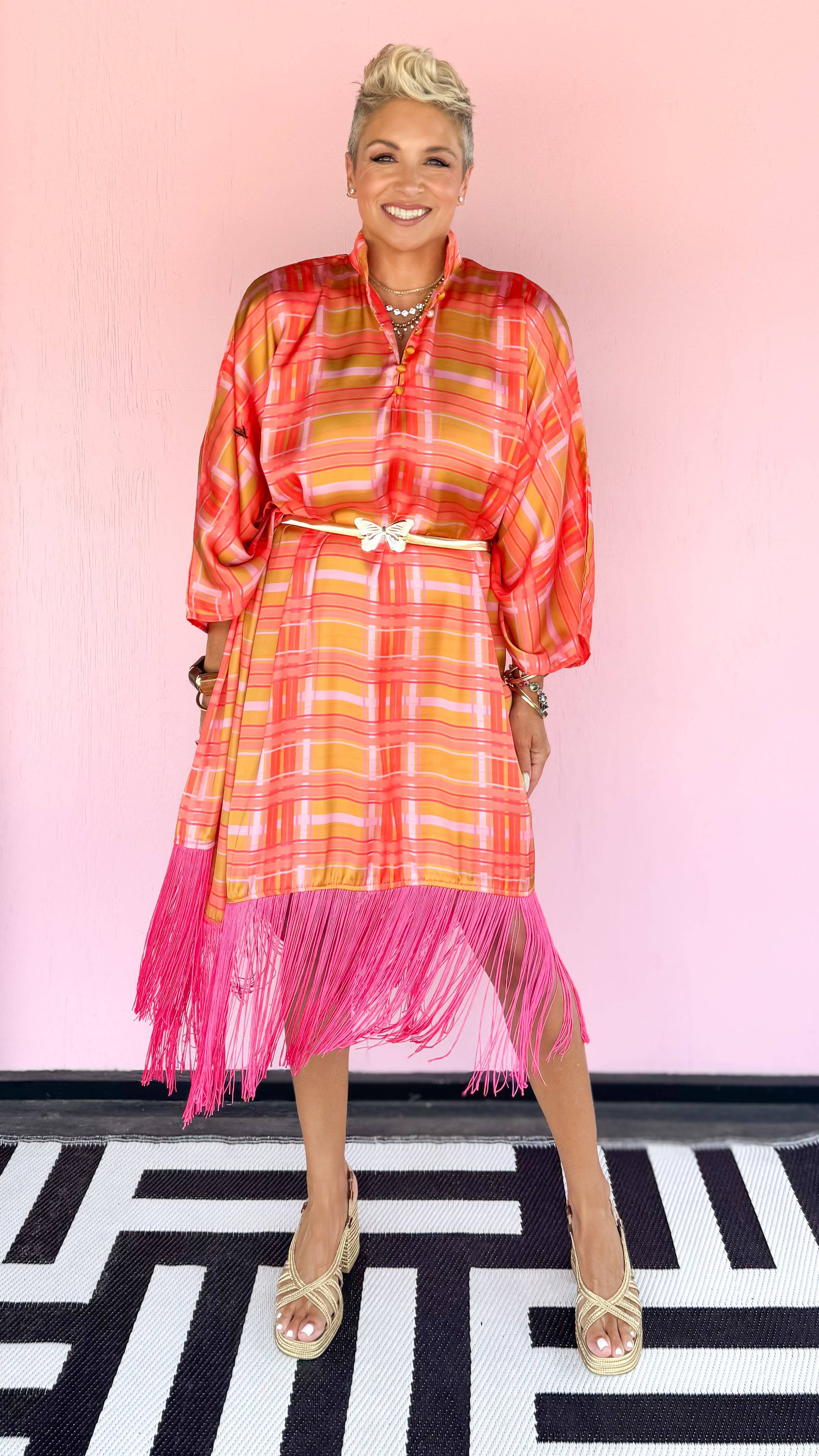 Plaid Caftan w/Fringe/Orange - The BLVD
