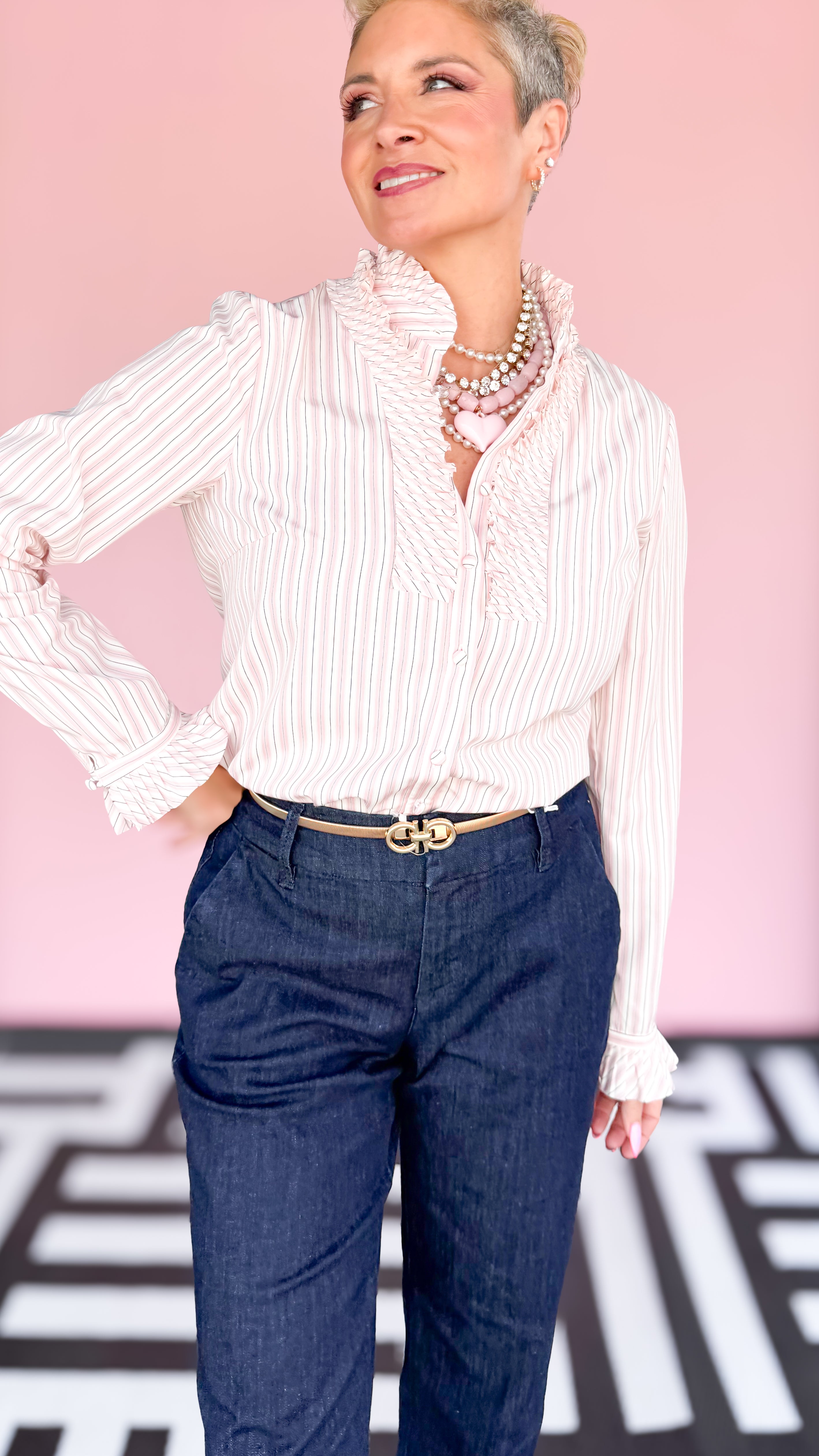 Retro Stripe Ruffle Blouse