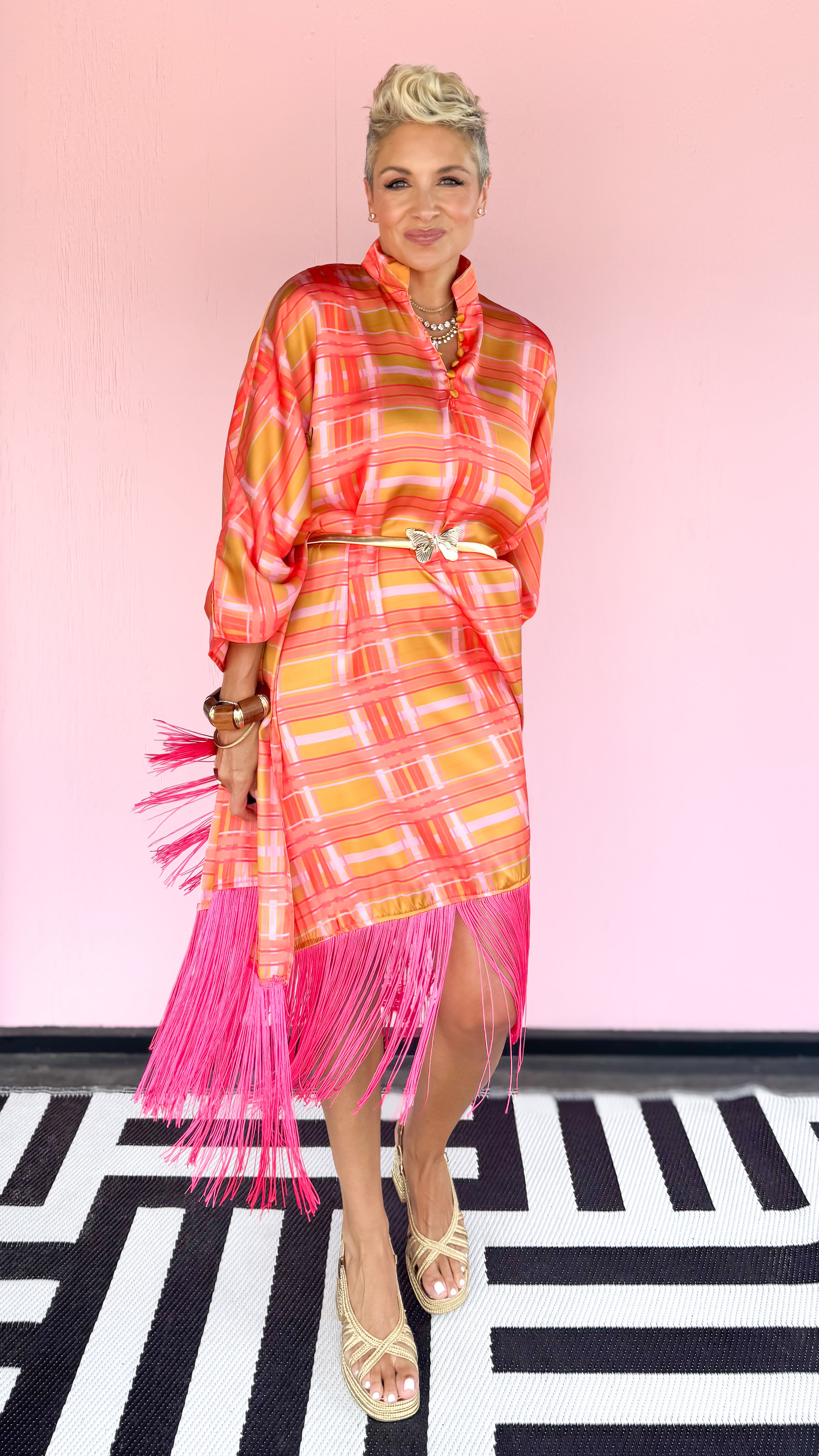 Plaid Caftan w/Fringe/Orange