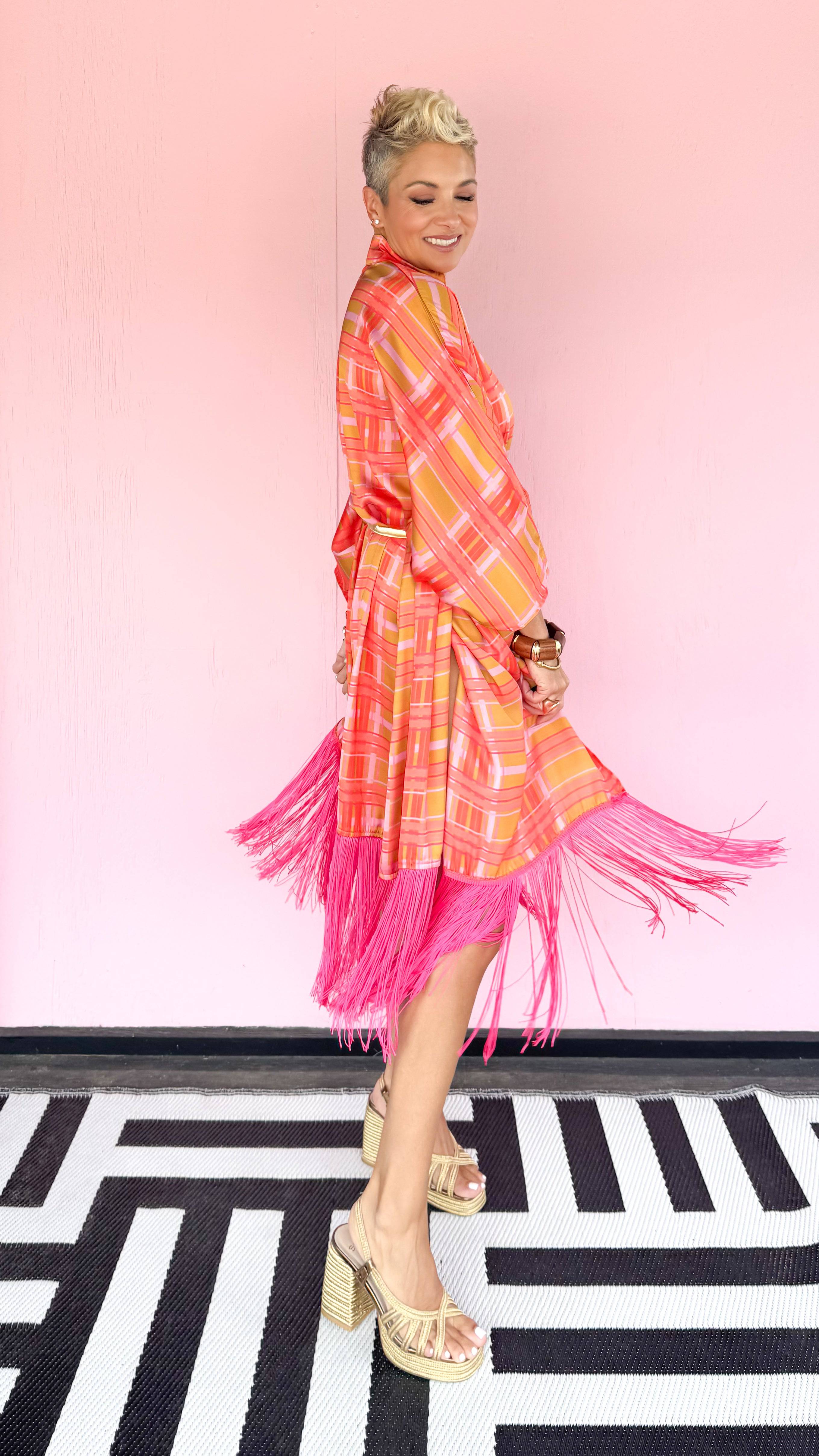 Plaid Caftan w/Fringe/Orange - The BLVD