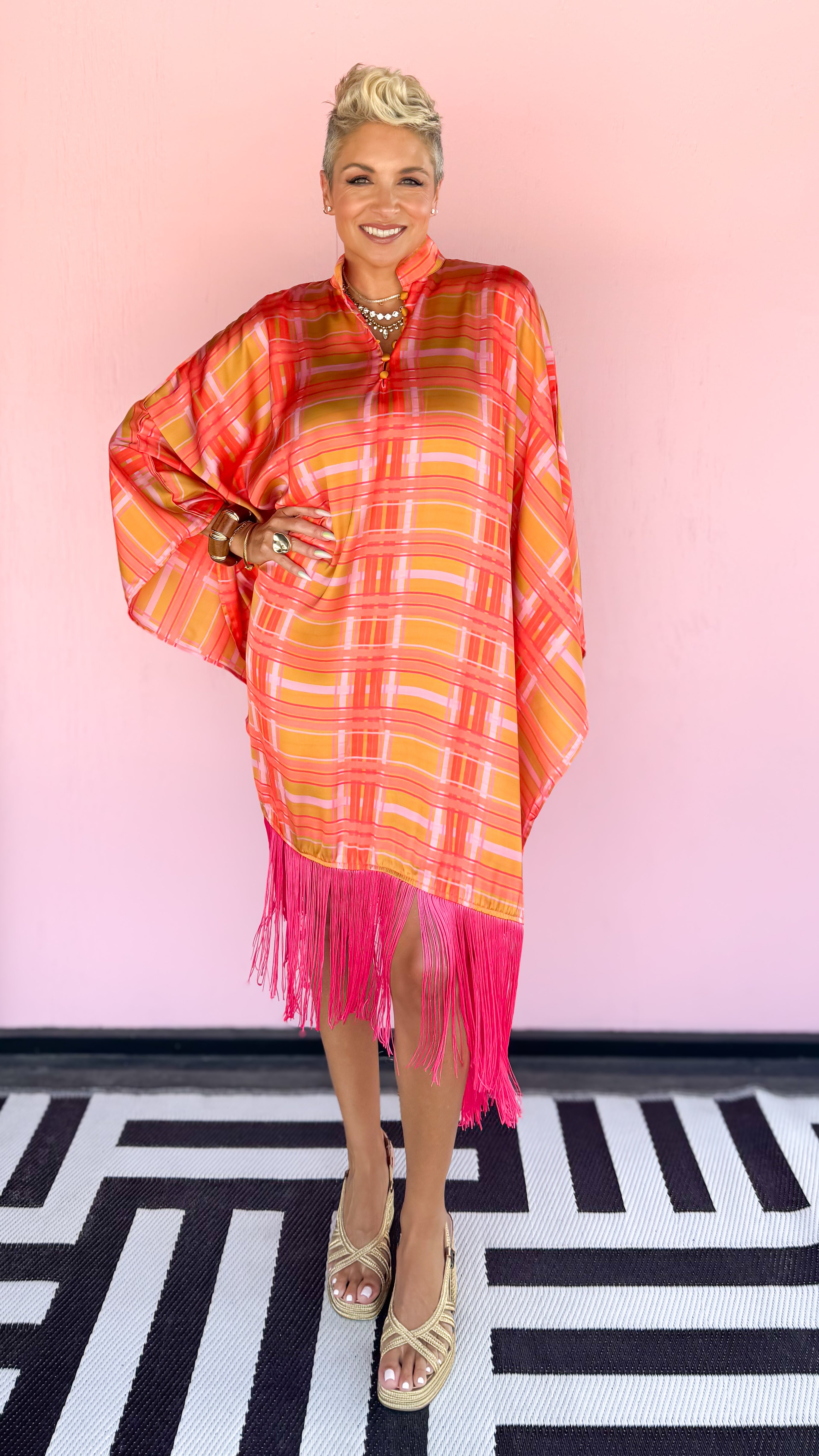 Plaid Caftan w/Fringe/Orange