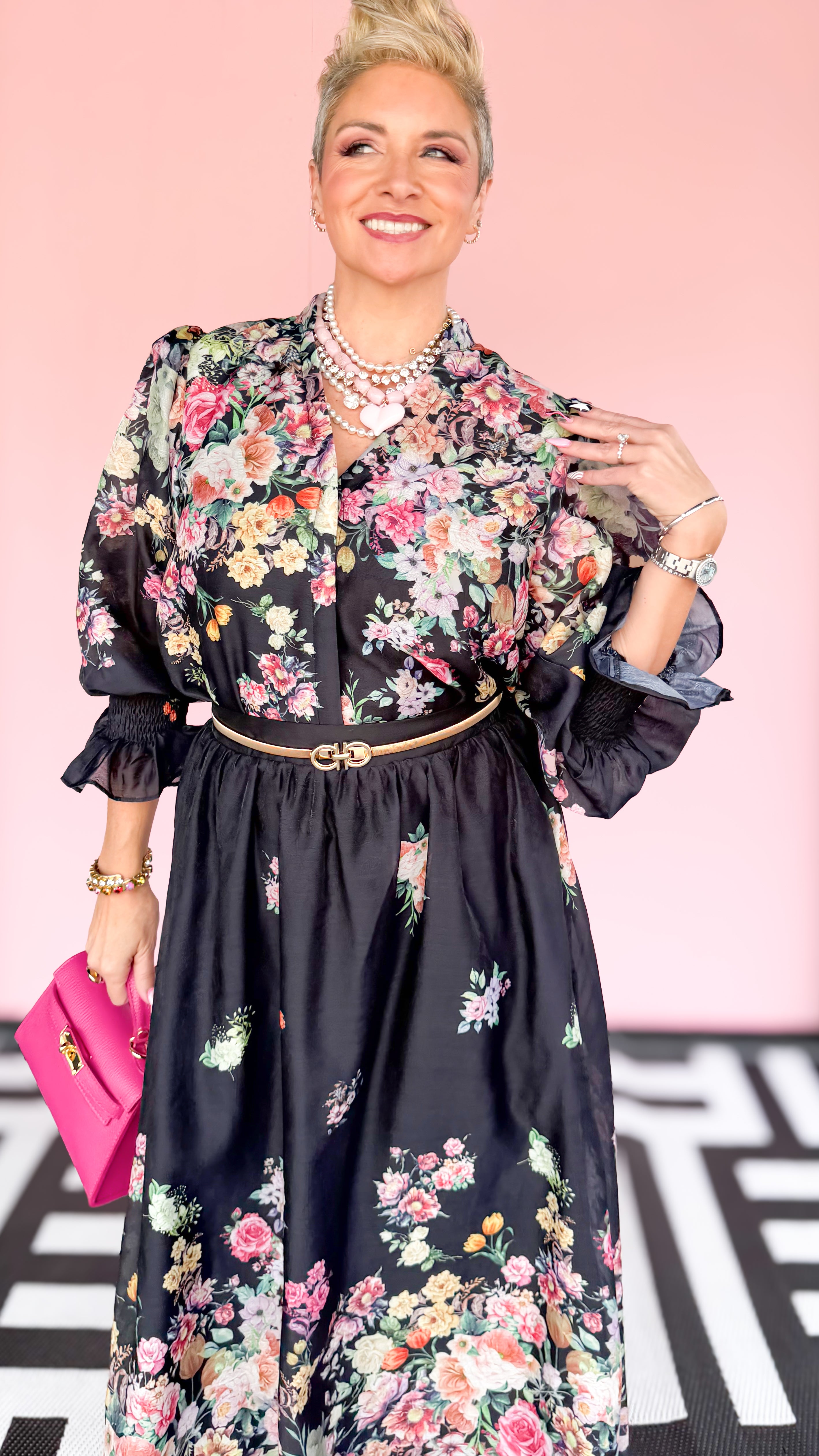 Floral Split V-Neck Blouse/Black