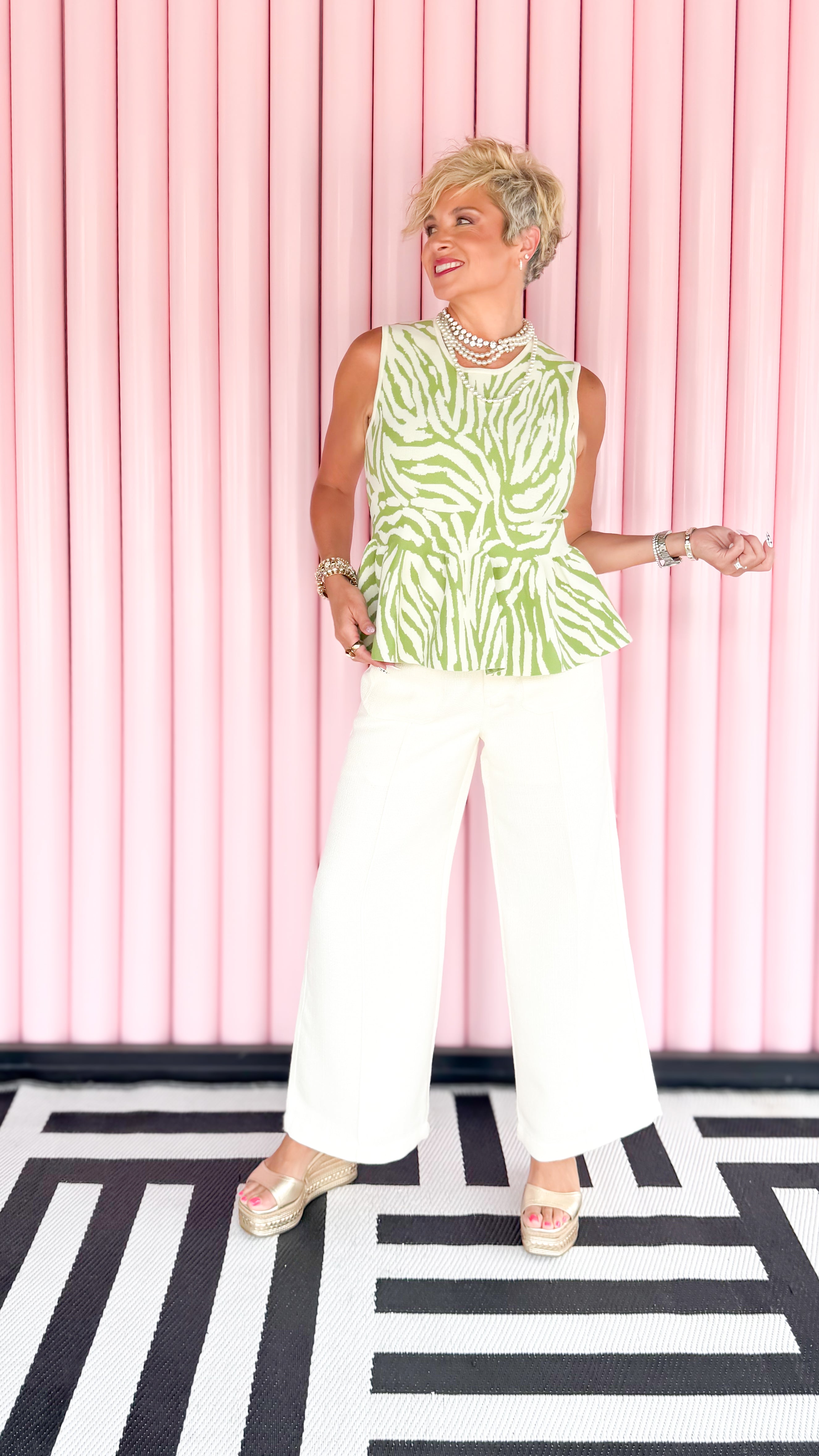 Fran front pocket twill pant in cream worn on model - styled view - BLVD Boutik