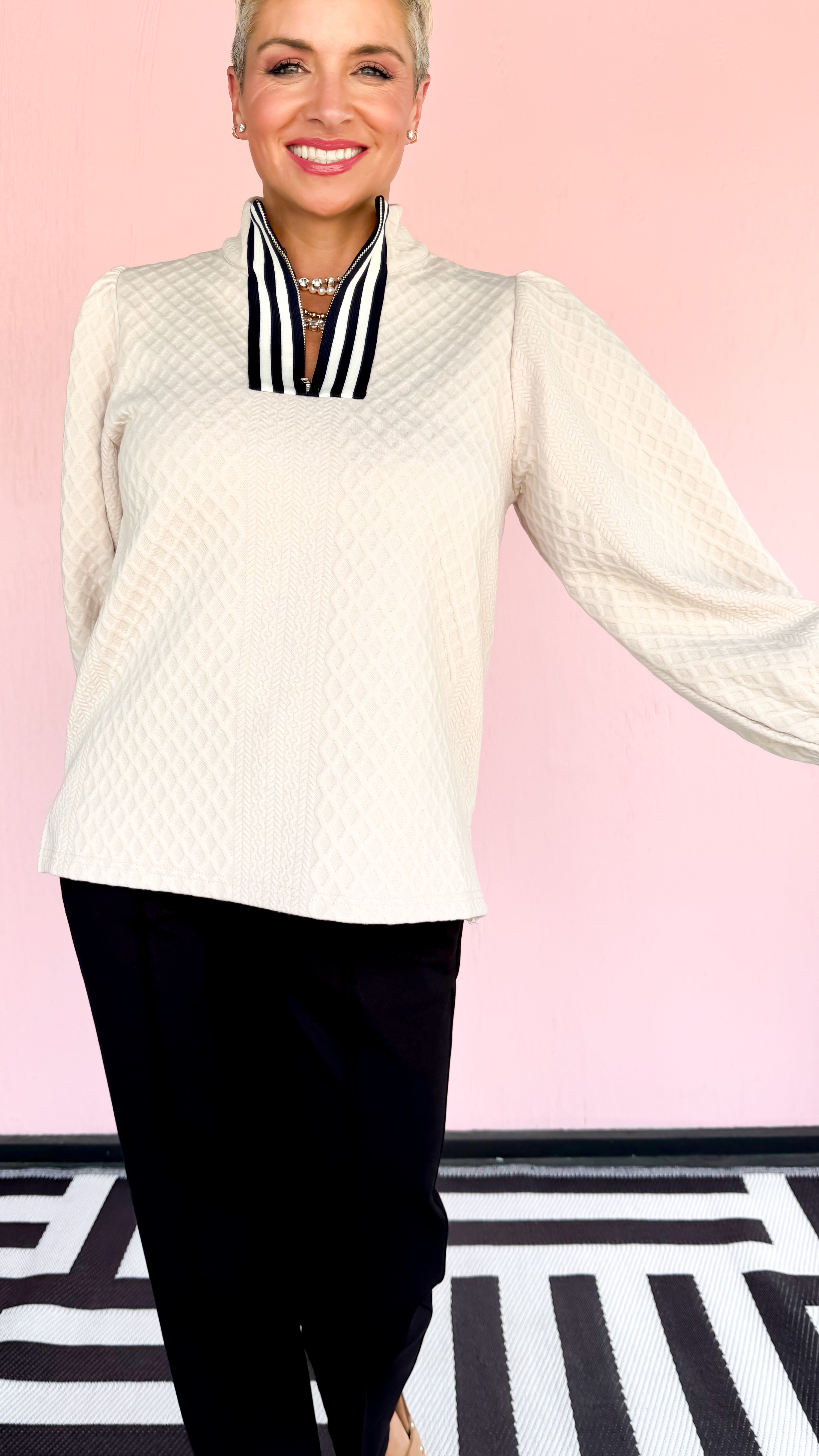 1/2 Zip Cable Knit Design Top/Tan - The BLVD