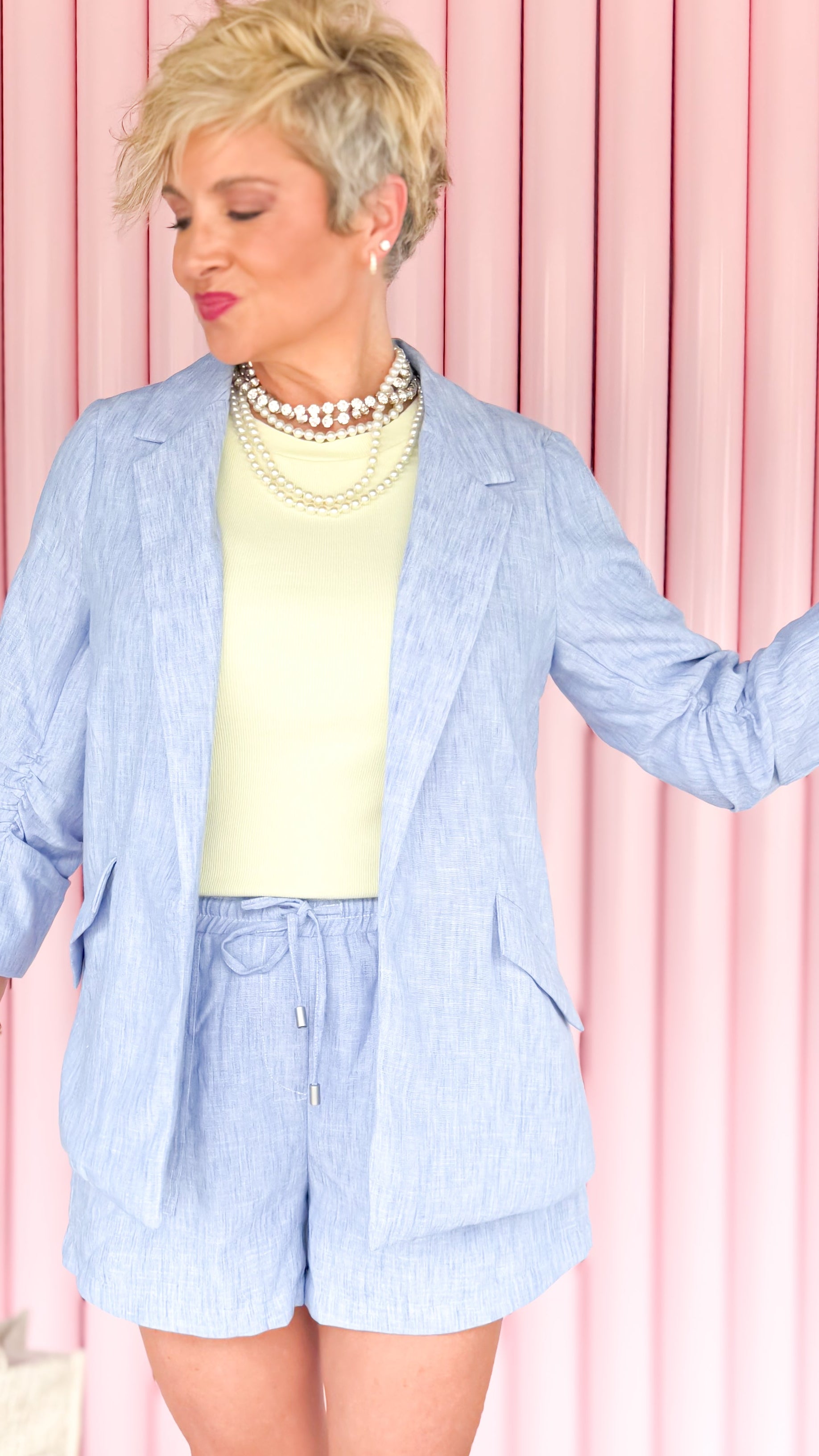 Ruched Sleeve Chambray Blazer