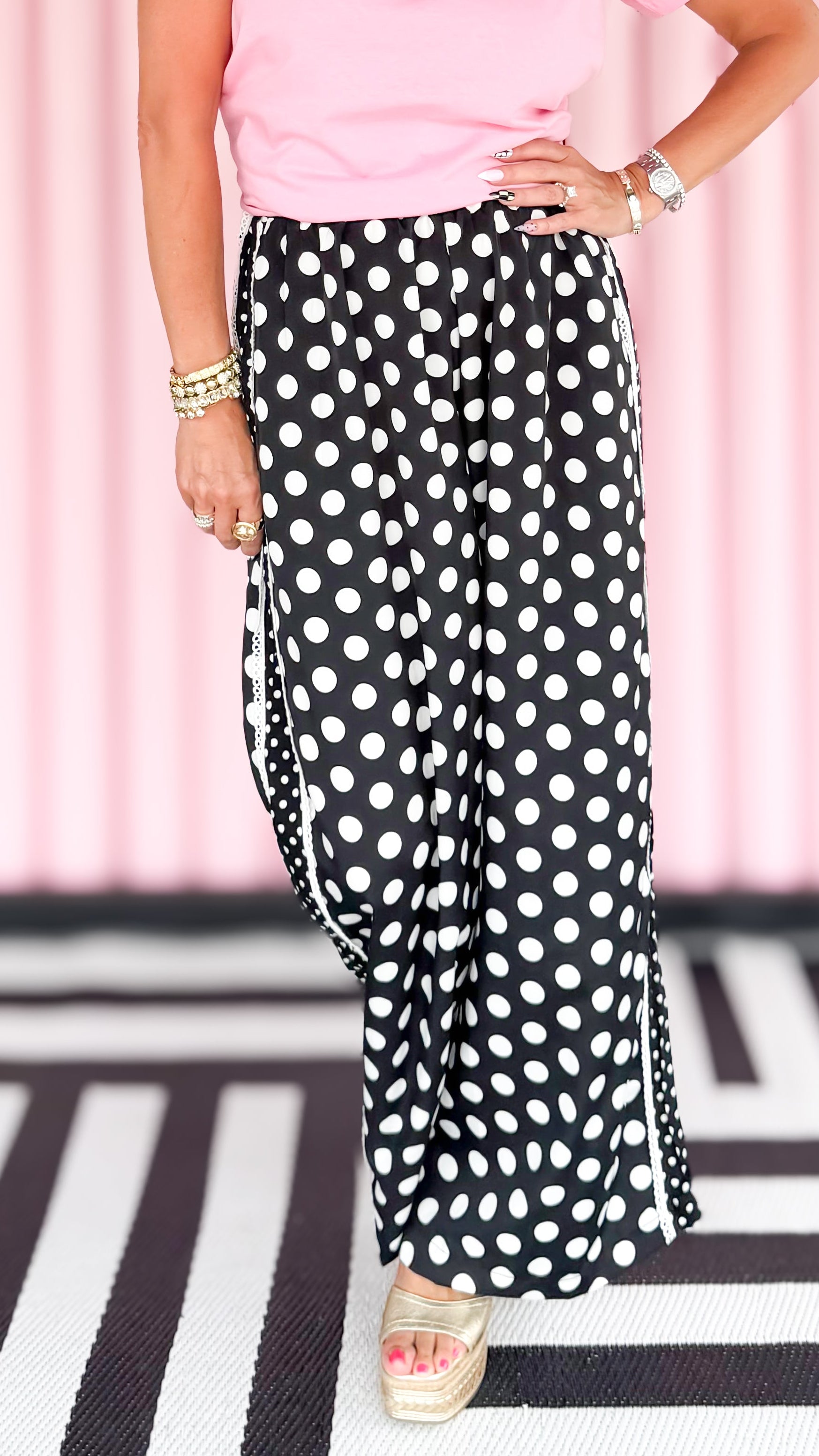 Polka Dot Pants with Side Panel/Black