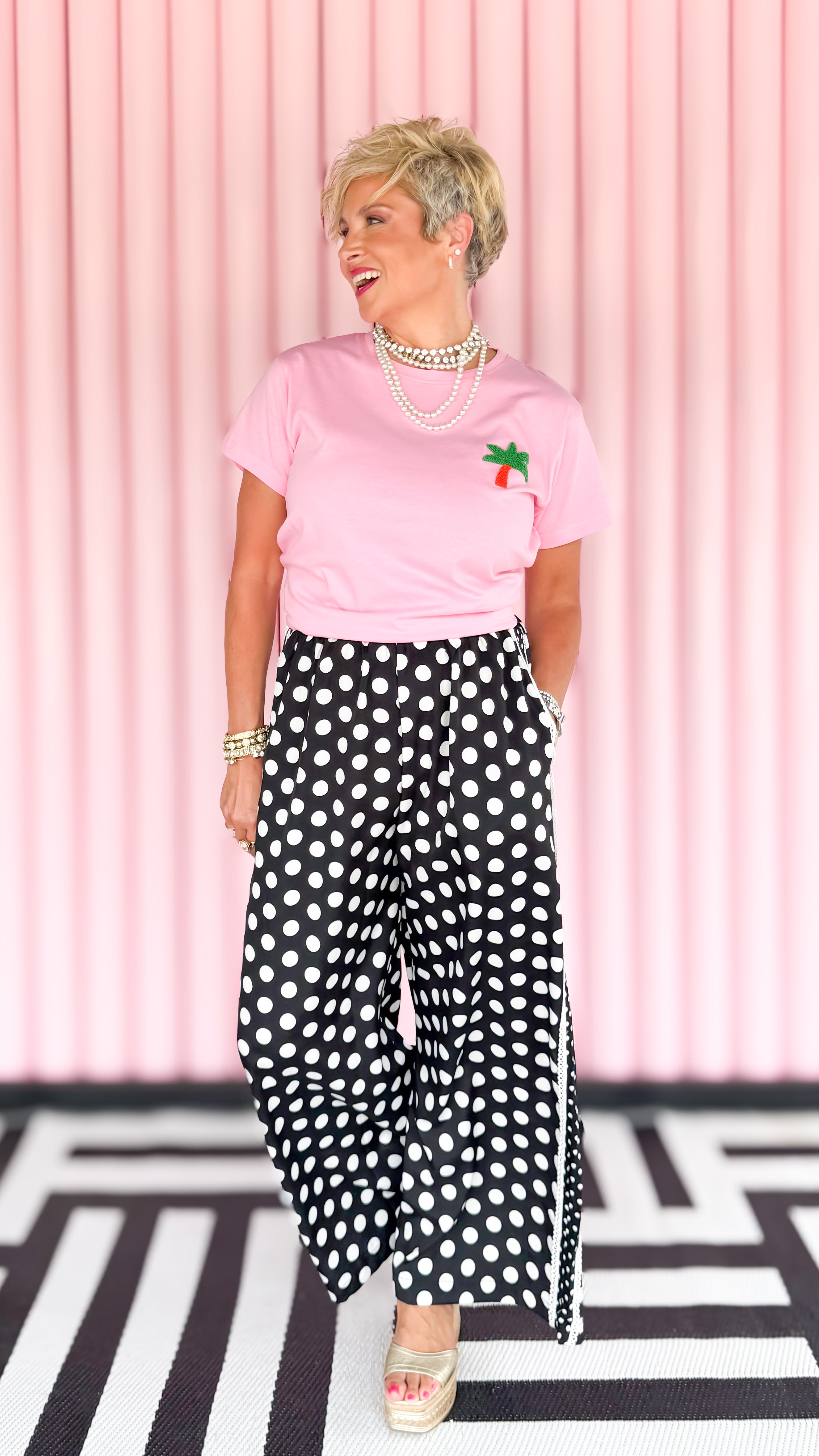 Polka Dot Pants with Side Panel/Black