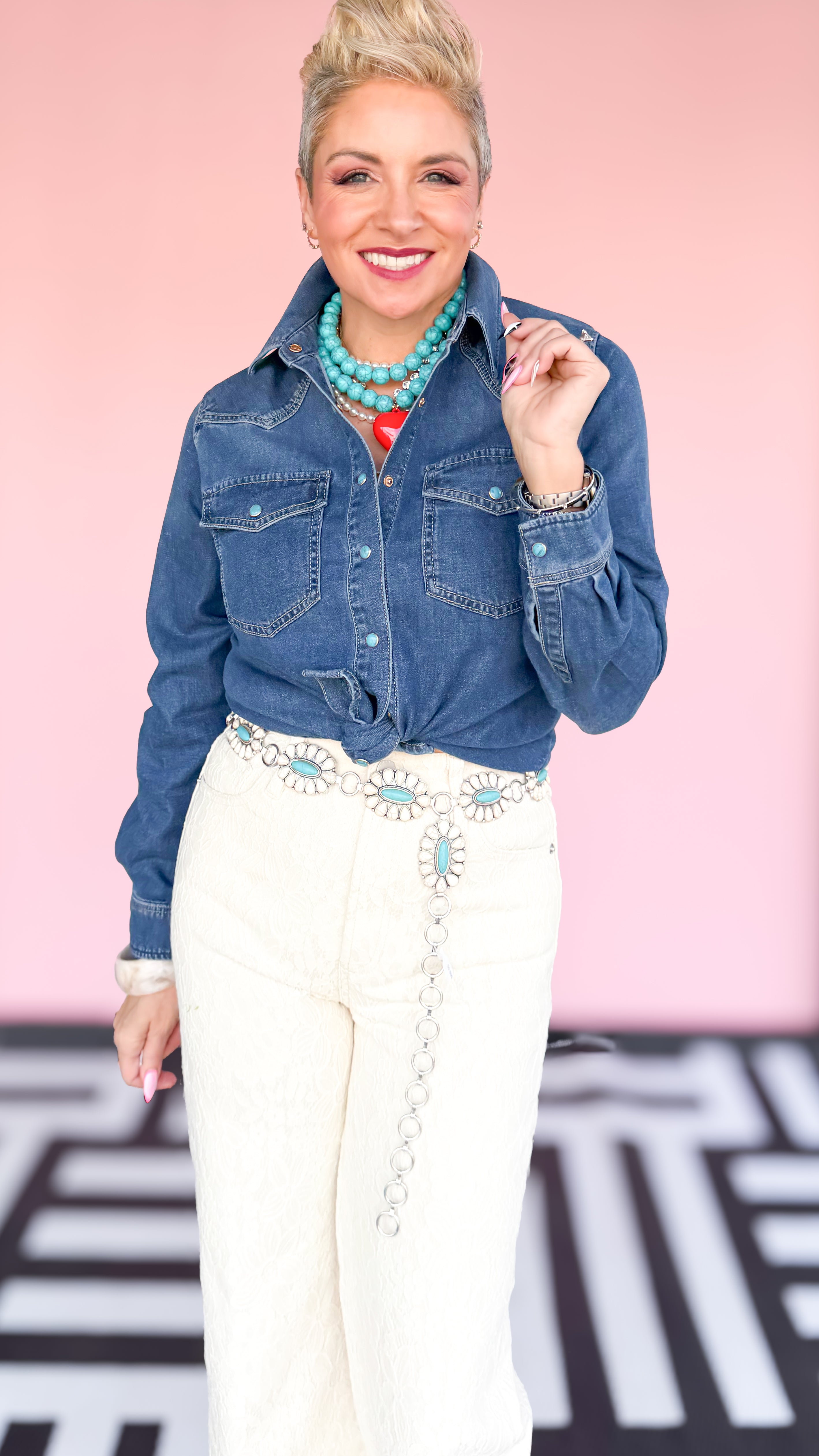 Denim Shirt with Turquoise Snaps/Blue