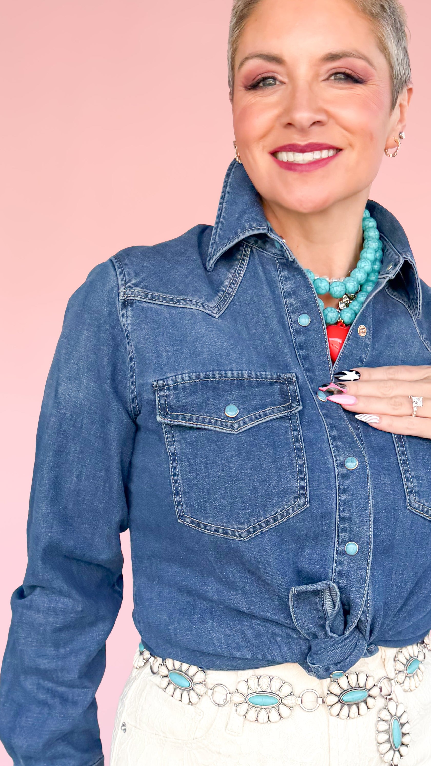 Denim Shirt with Turquoise Snaps/Blue