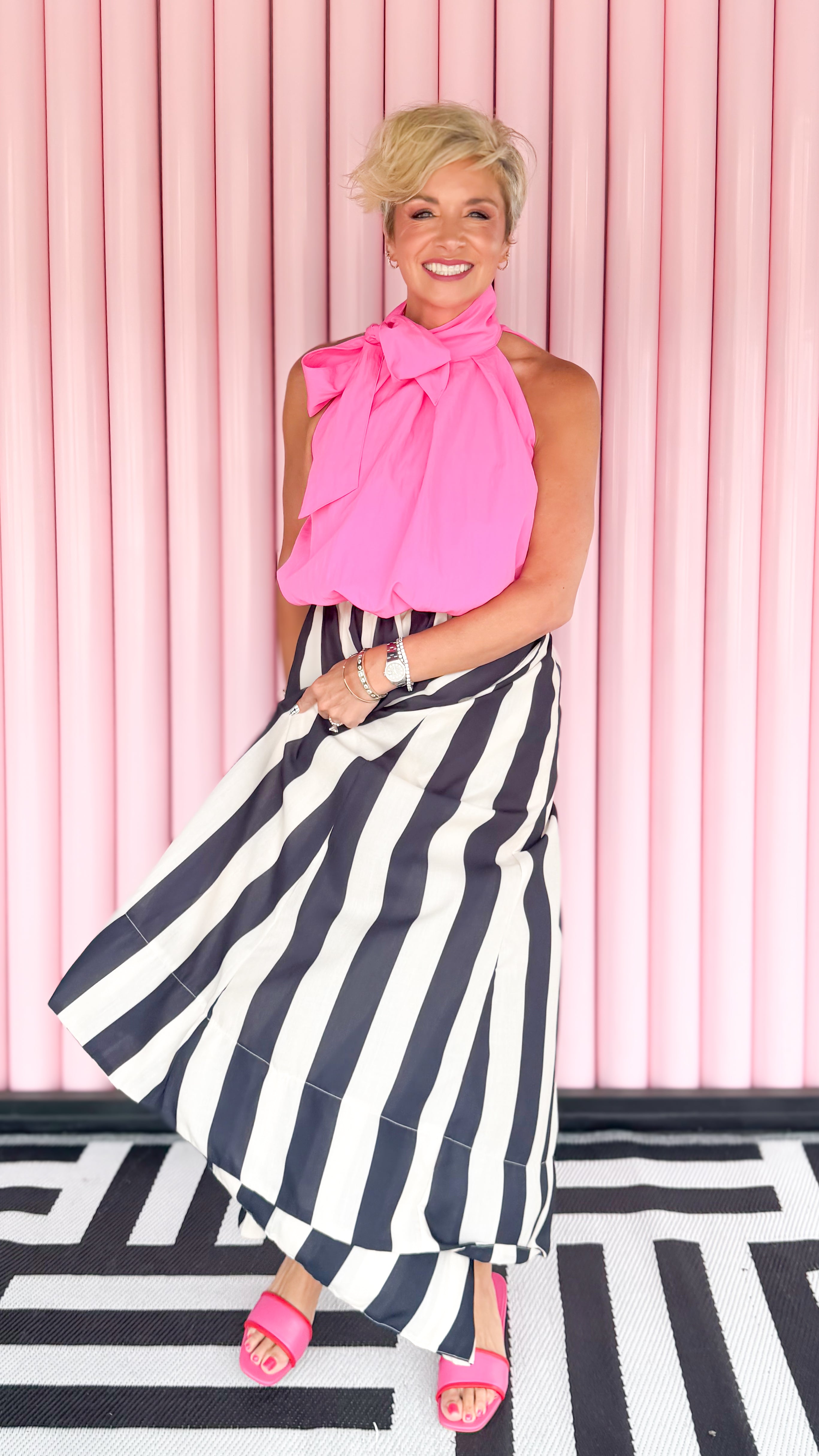 Stripe flare maxi skirt in black worn on model - detail view - BLVD Boutik