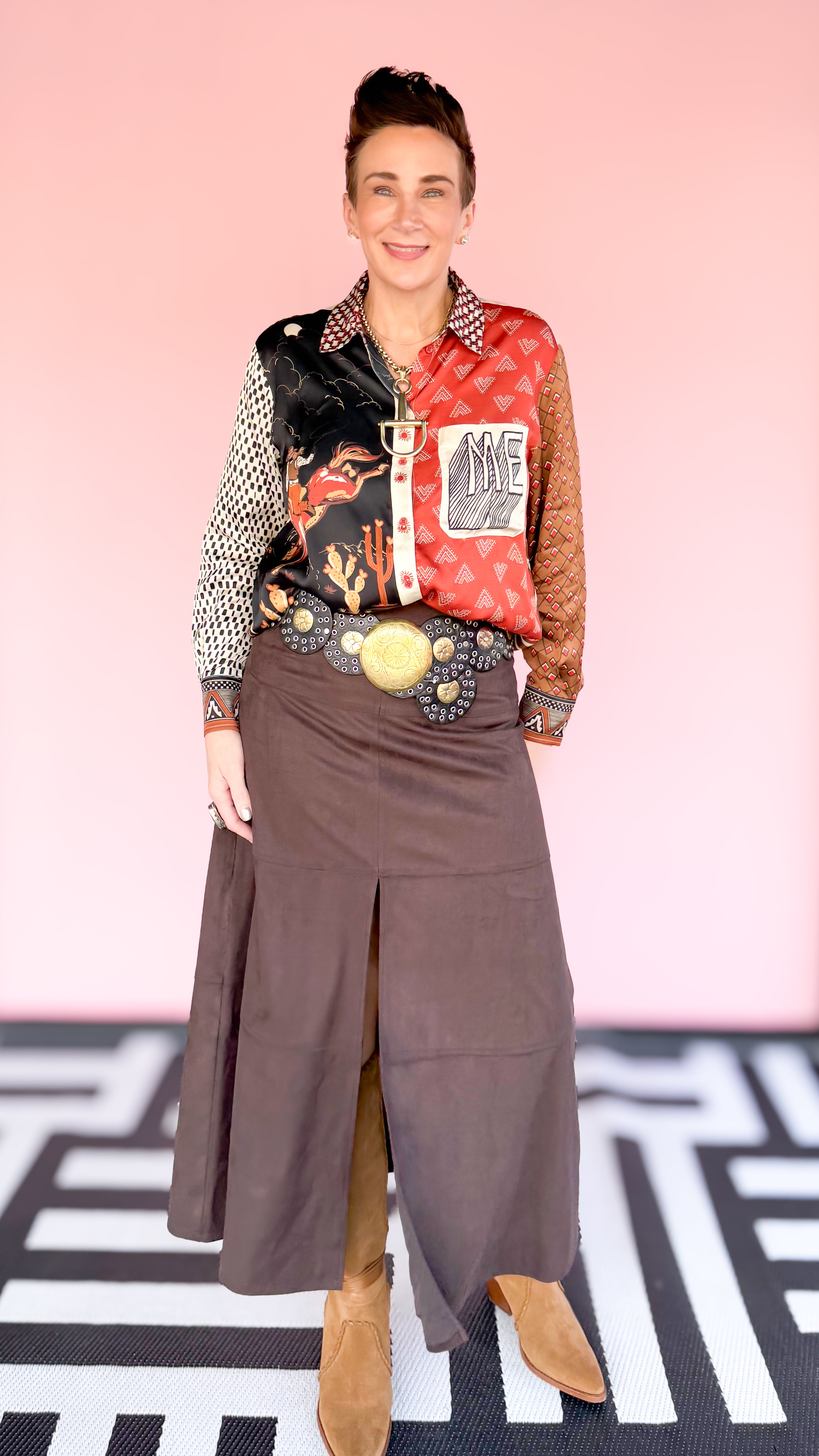 Suede Midi Skirt with Slit/Chocolate