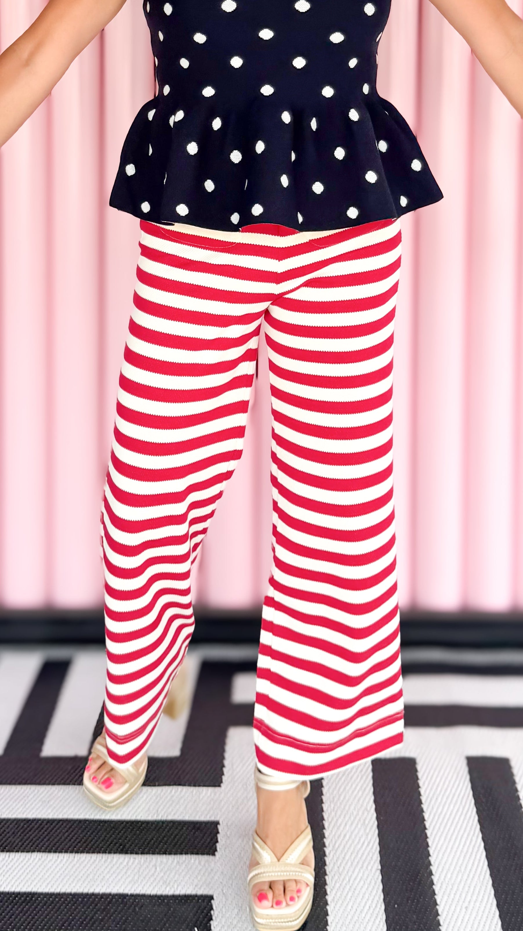 Stretchy Striped Wide Leg Pants/Red