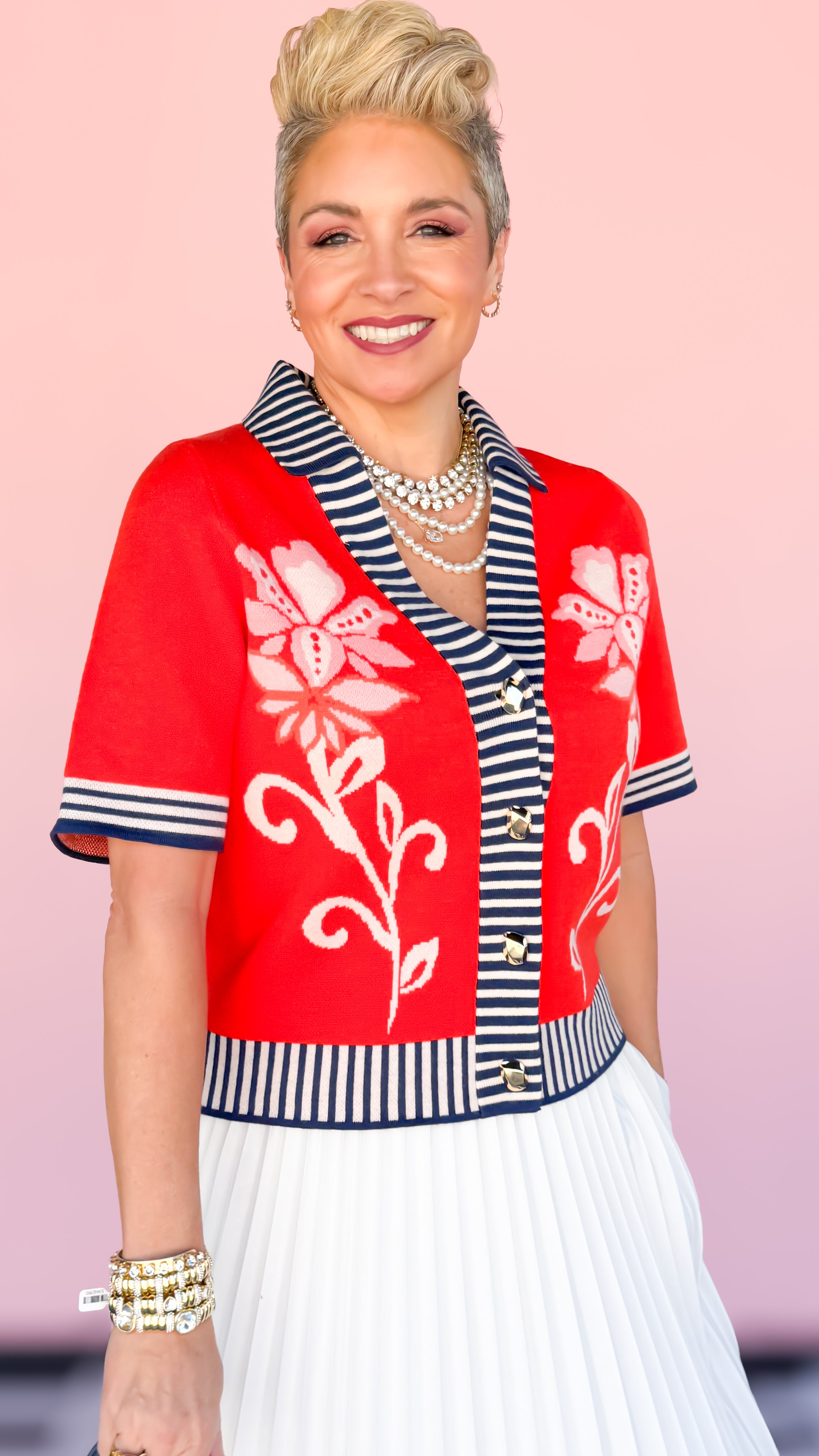 Stripe/Floral Short Sleeve Cardigan/RED - The BLVD