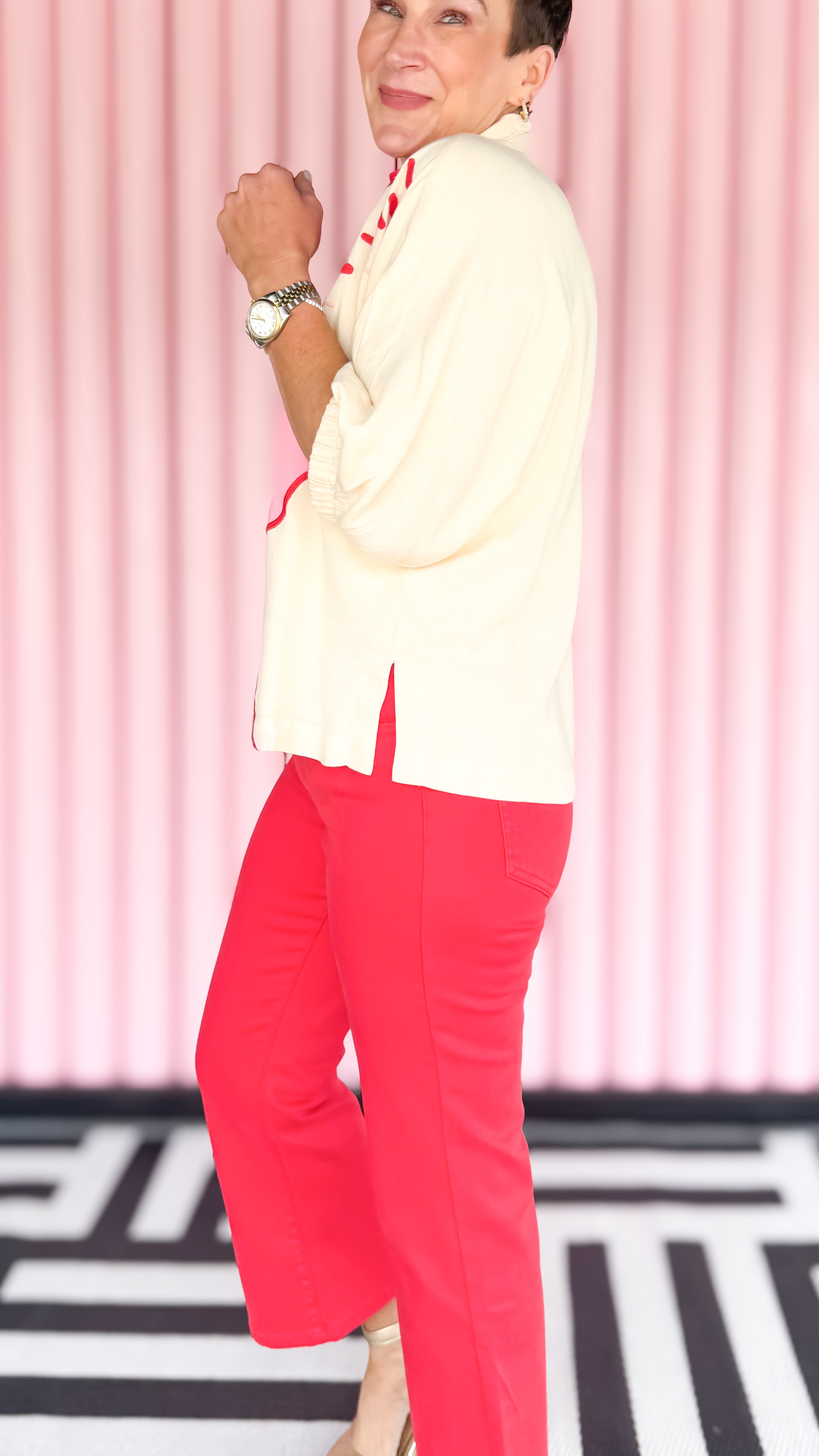 Bonny top in pink palace worn on model - detail view - BLVD Boutik