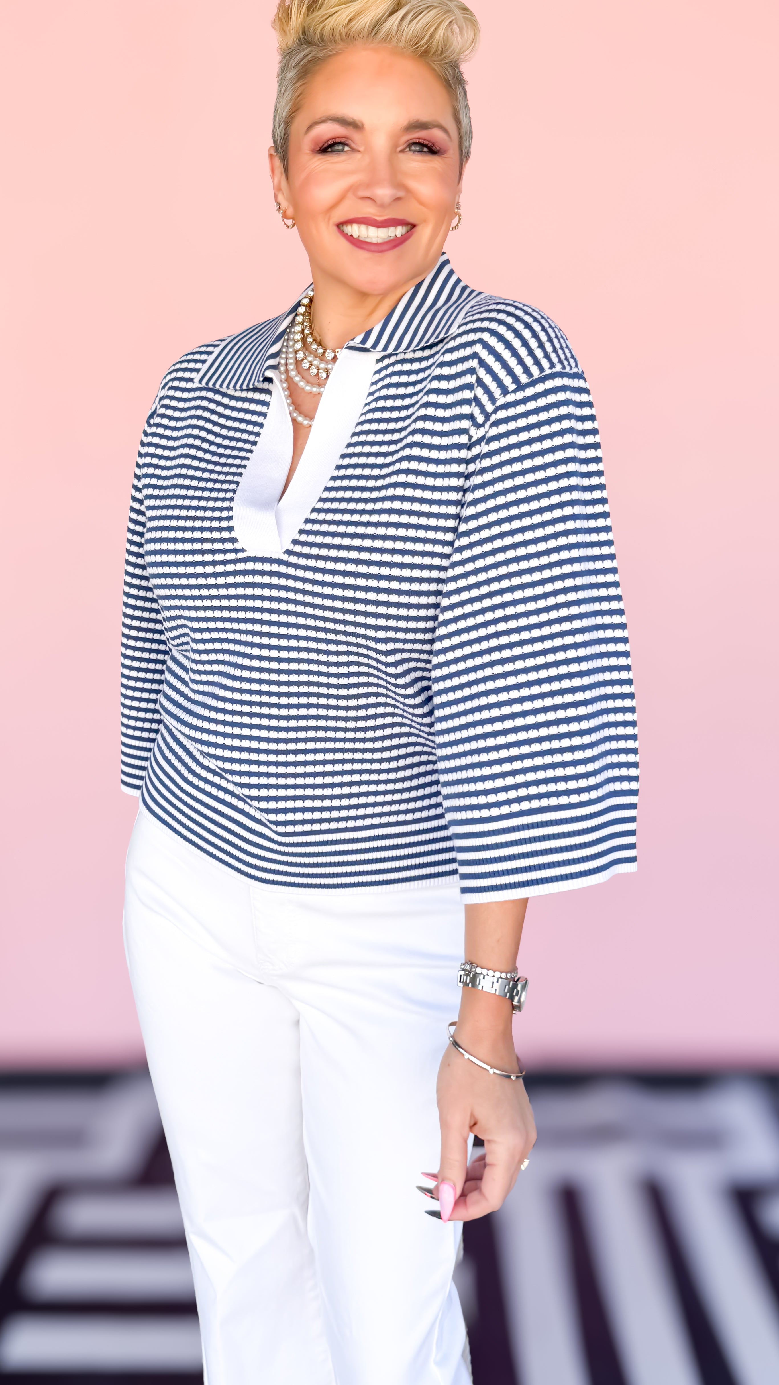 Maria Stripe Knit Collared Sweater/Blue - The BLVD