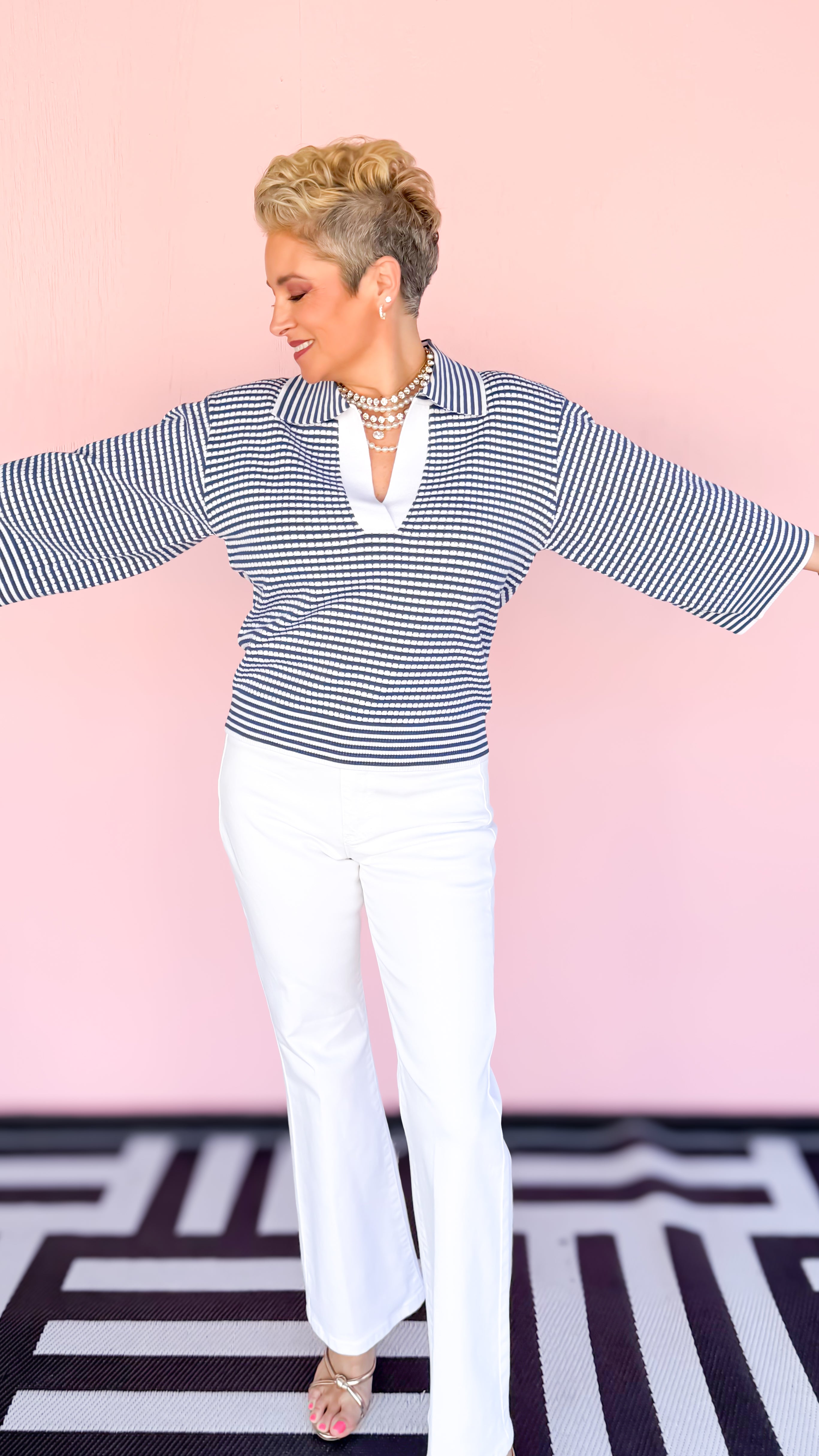 Maria Stripe Knit Collared Sweater/Blue - The BLVD