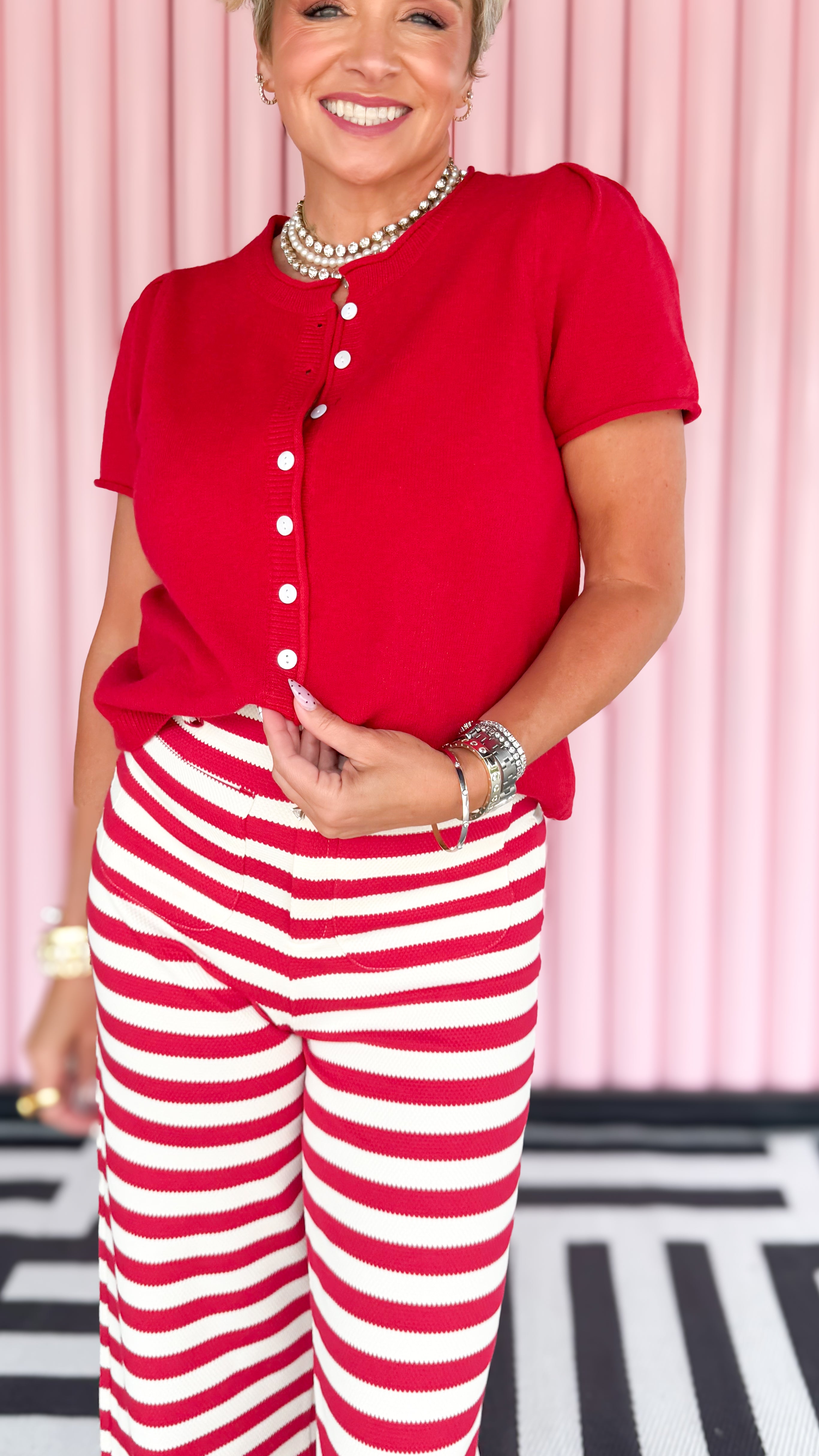 Short sleeve cardigan worn on model - back view - BLVD Boutik
