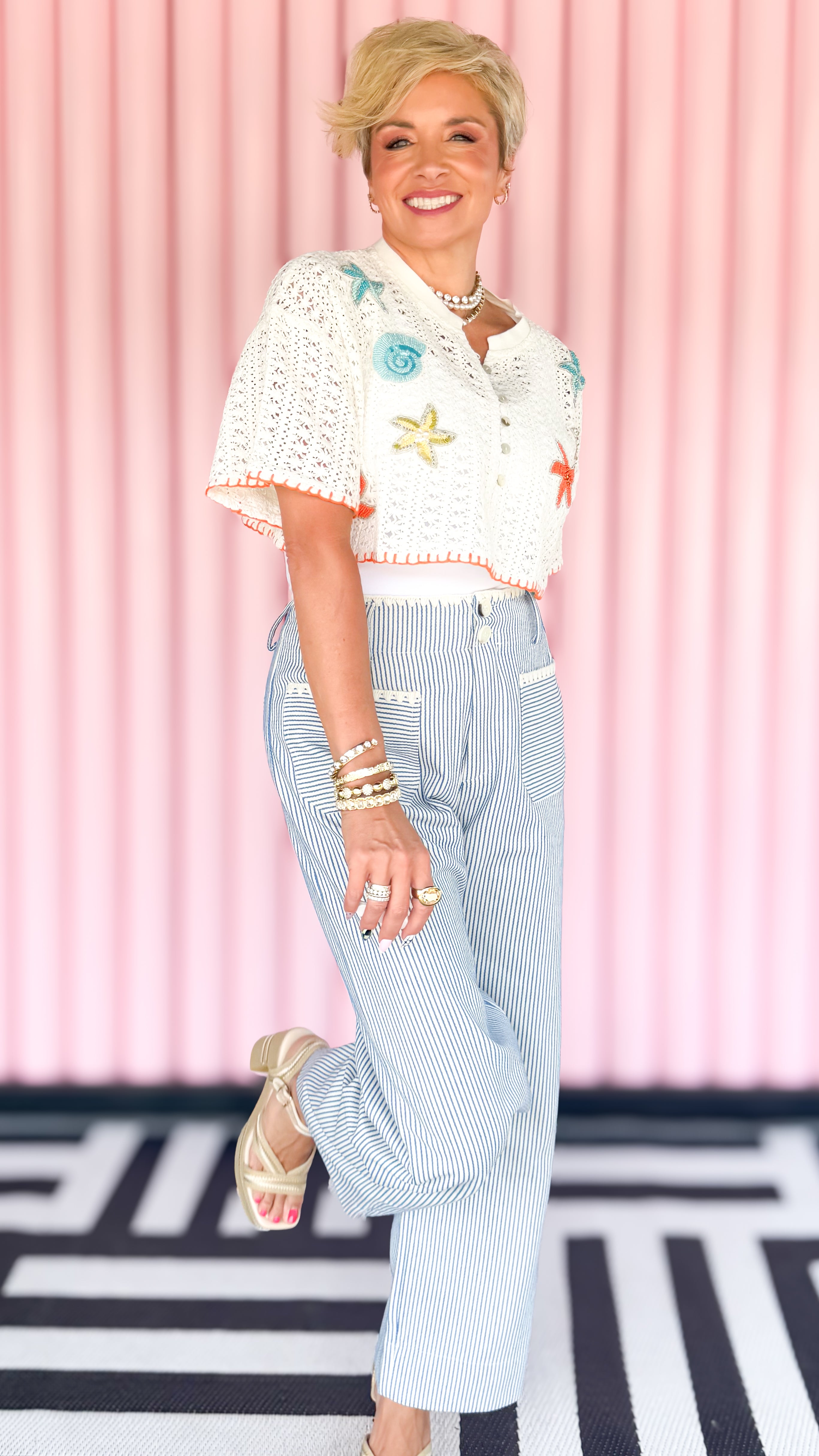 Striped pants with triangle stitch trim worn on model - styled view - BLVD Boutik