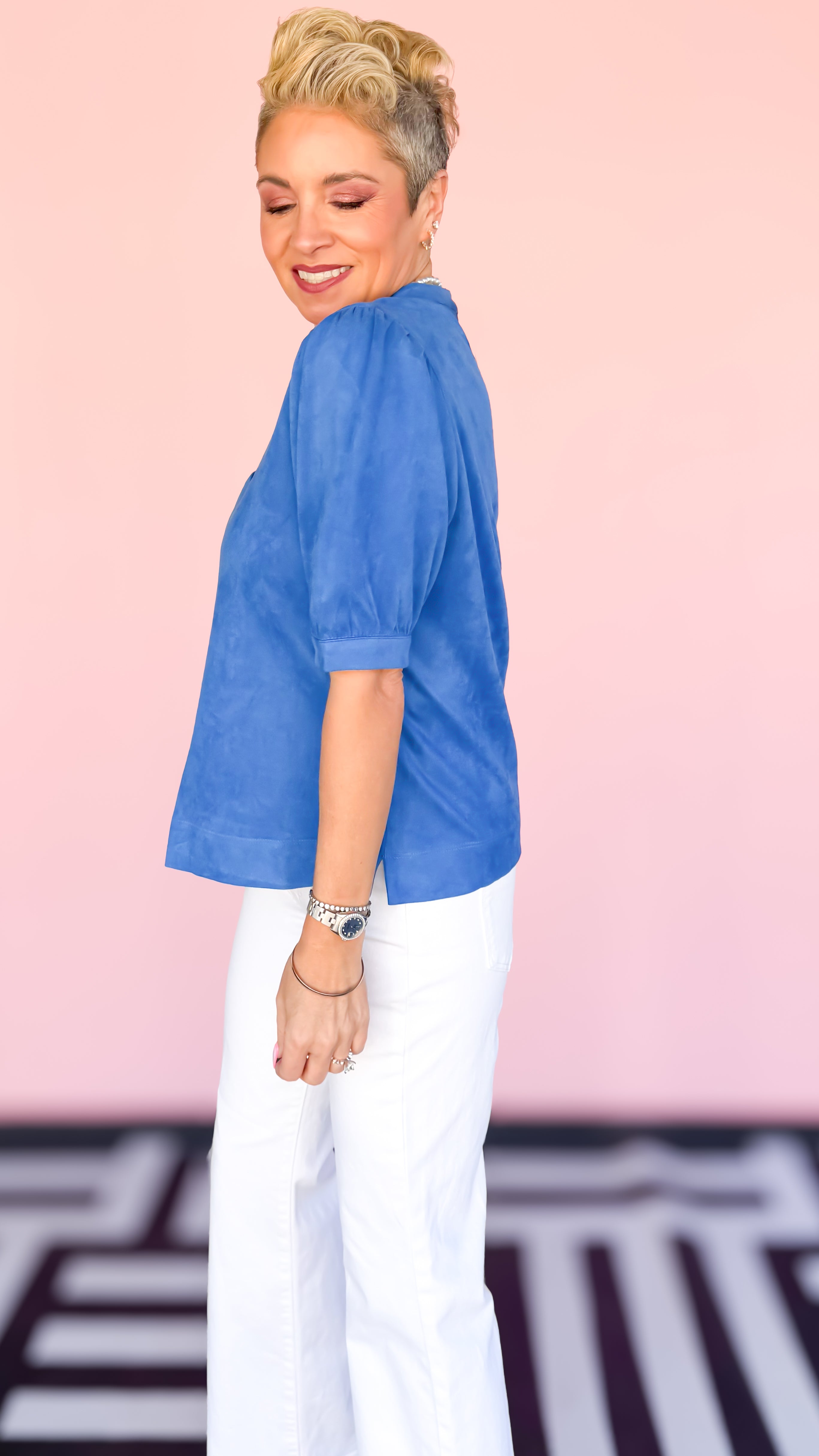 Faux Suede Puff Sleeve Top/Royal Blue - The BLVD