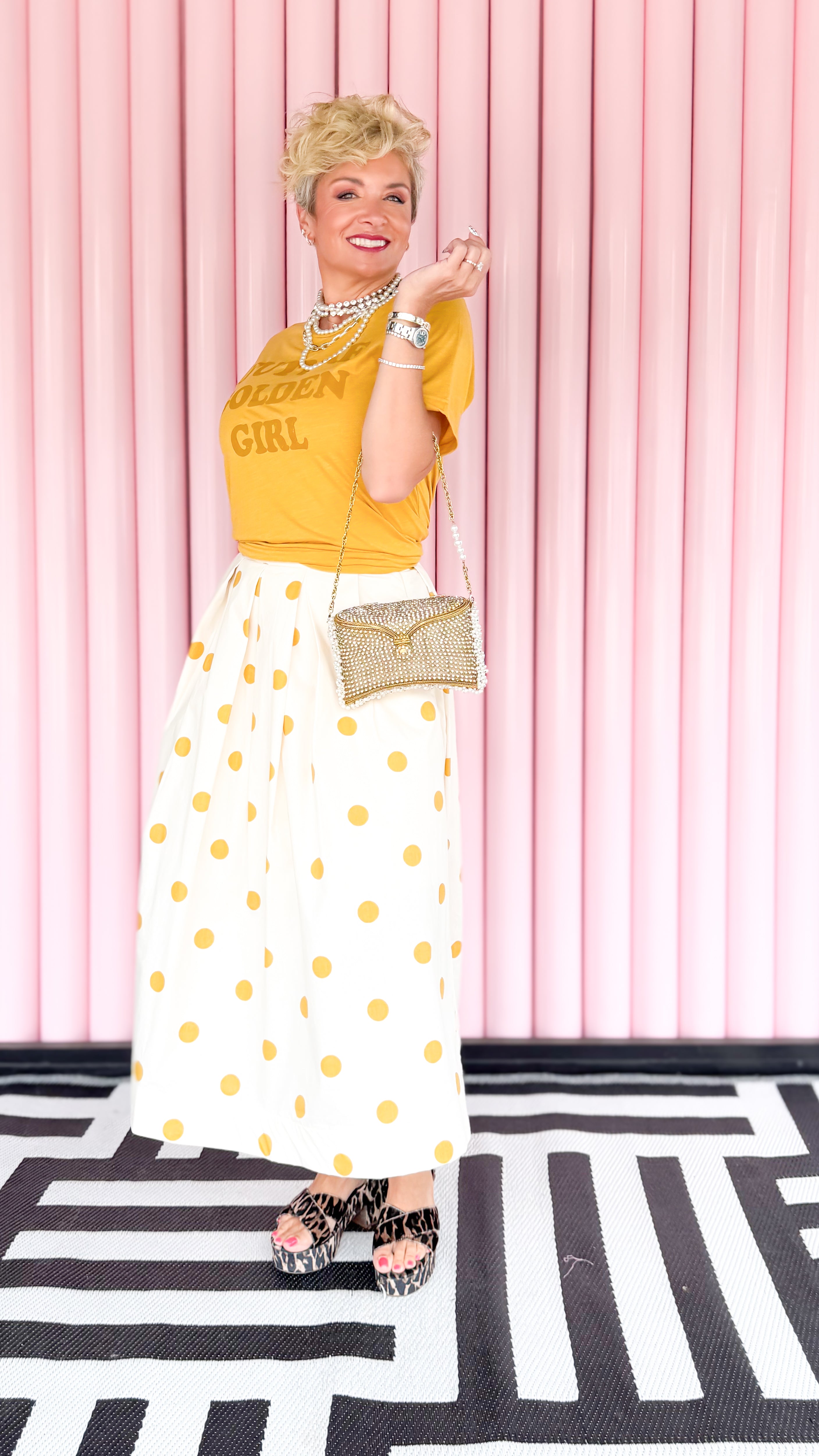 Polka Dot Pleated Midi Skirt/Gold