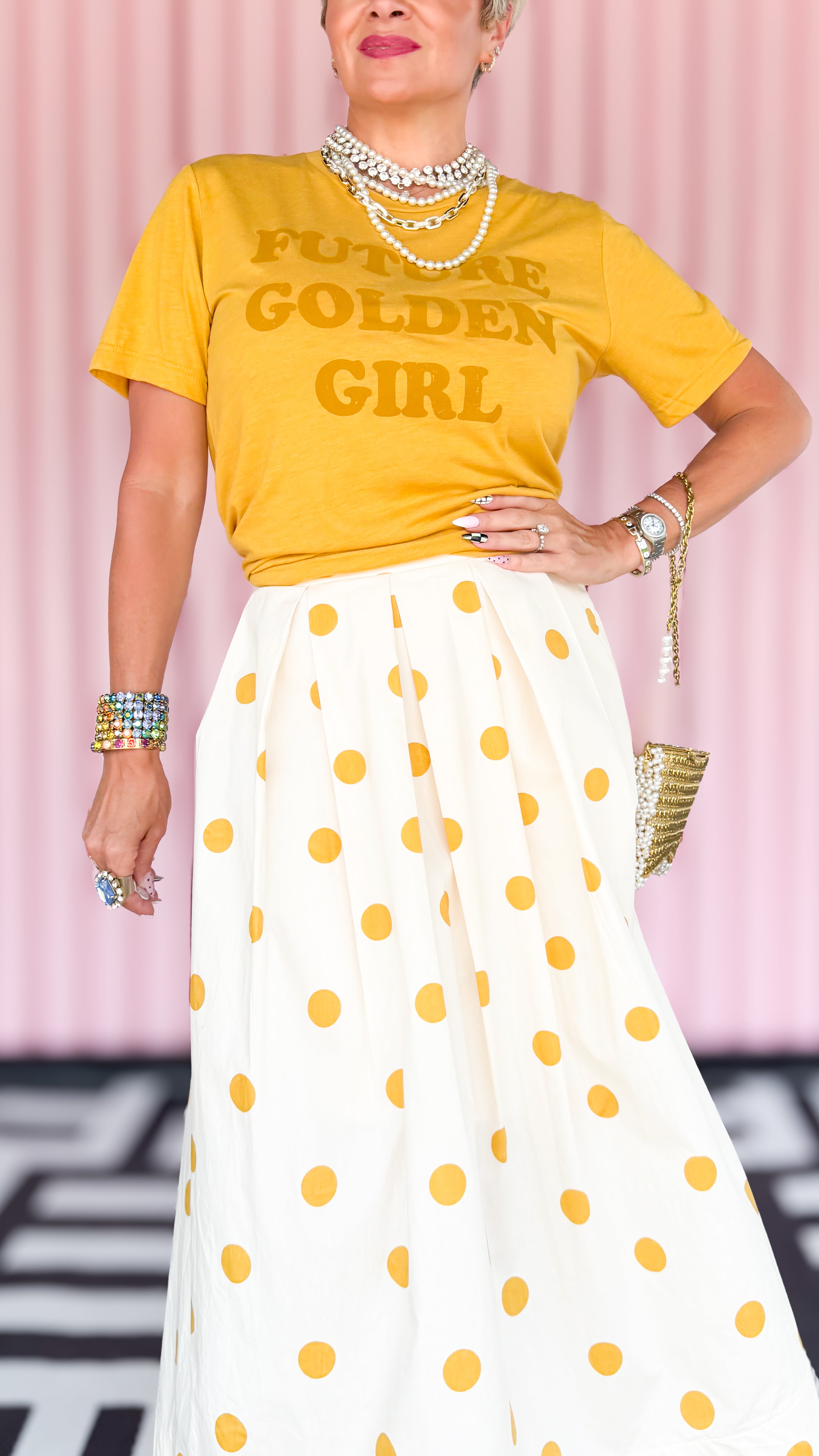 Polka Dot Pleated Midi Skirt/Gold
