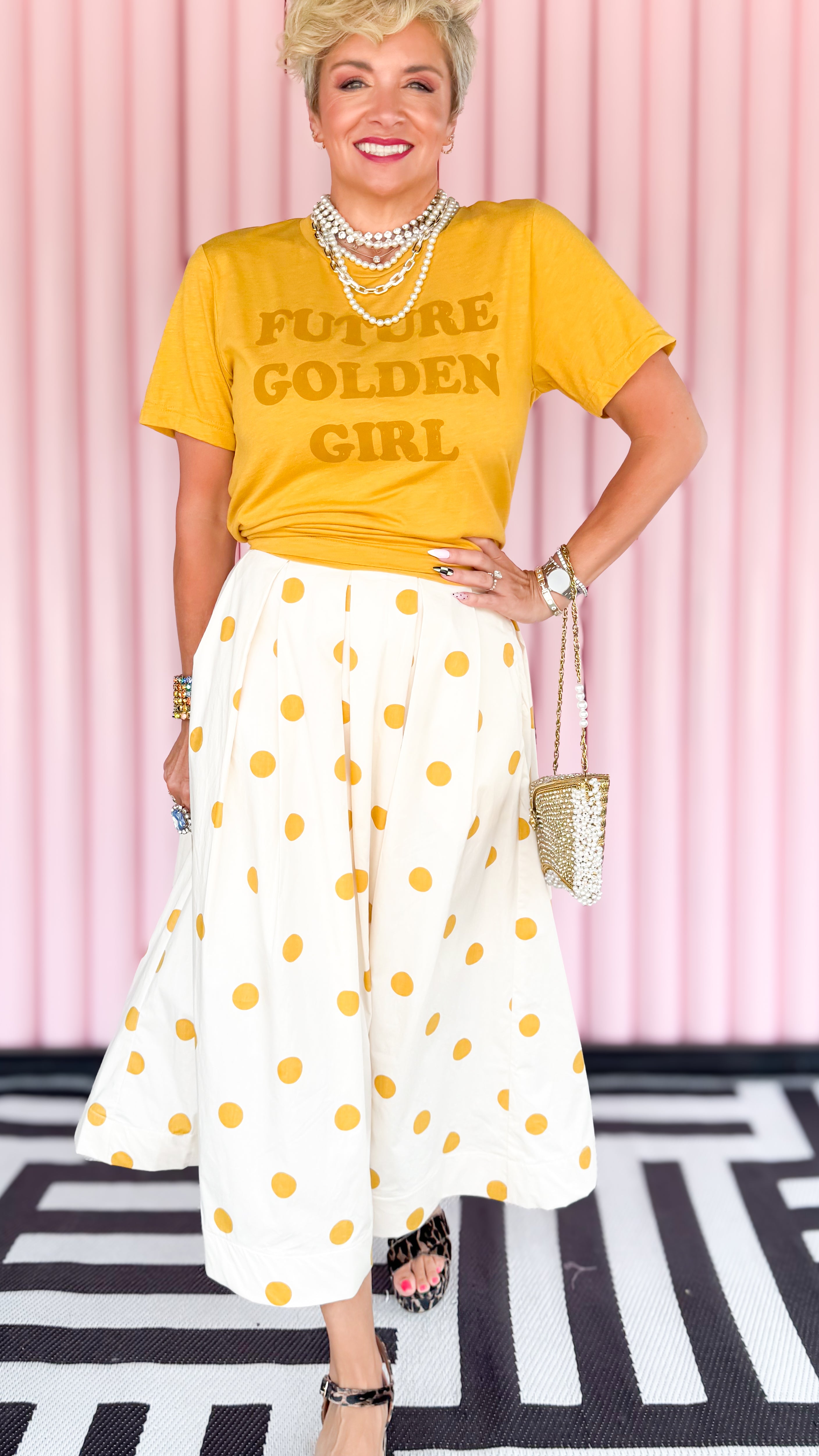 Polka Dot Pleated Midi Skirt/Gold