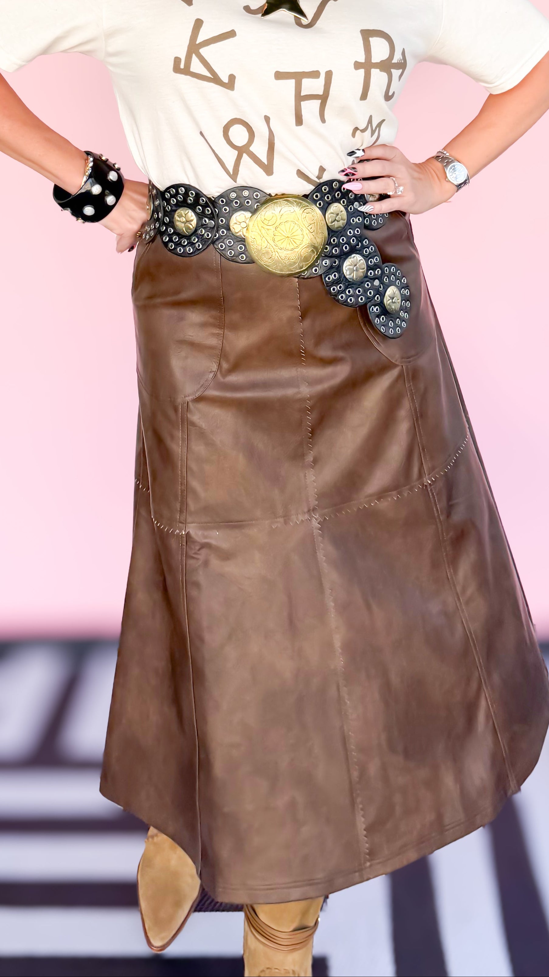 Zigzag Seam Faux Leather Midi Skirt/BROWN - The BLVD