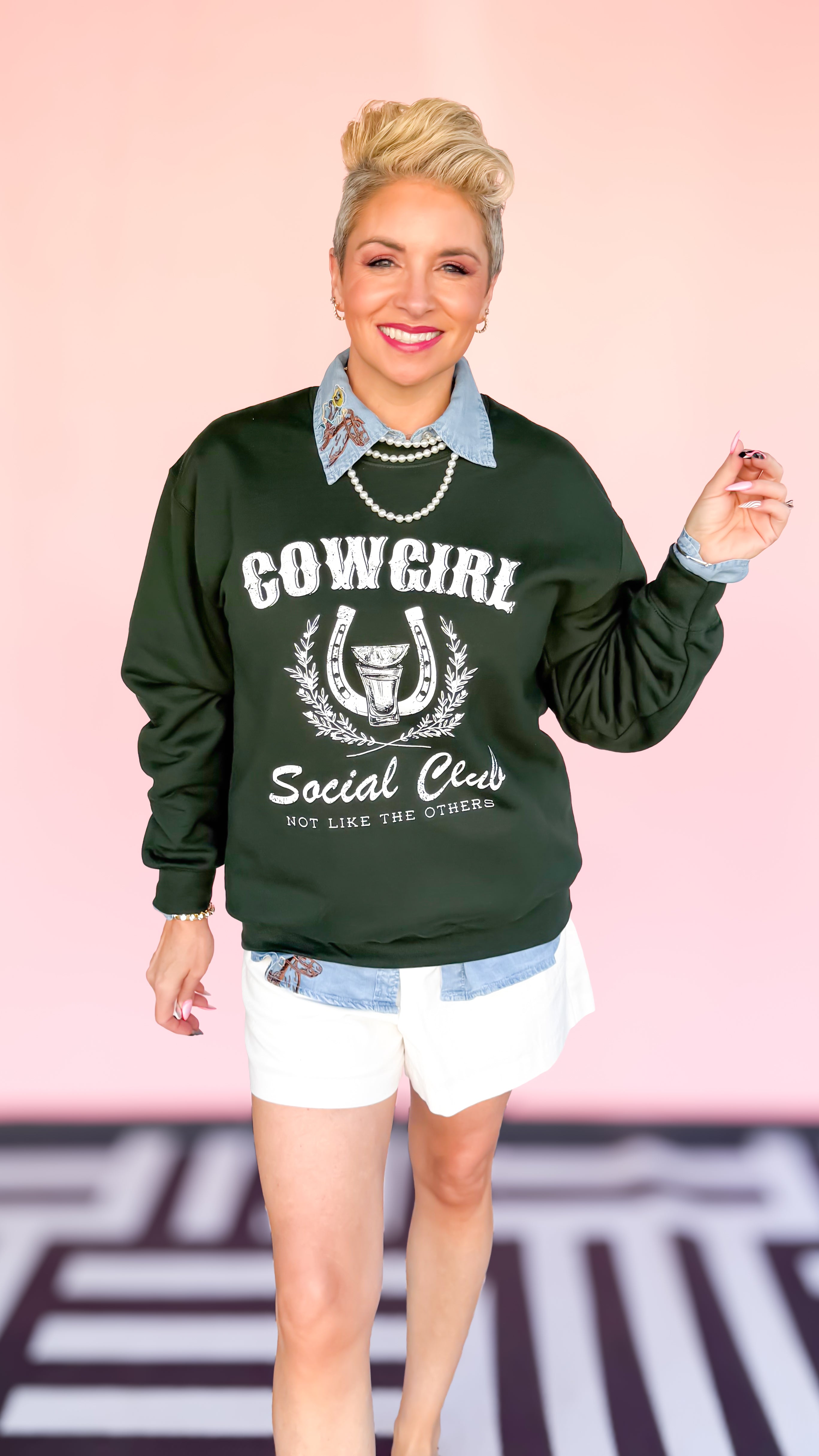 Cowgirl Social Club crewneck worn on model - side view - BLVD Boutik
