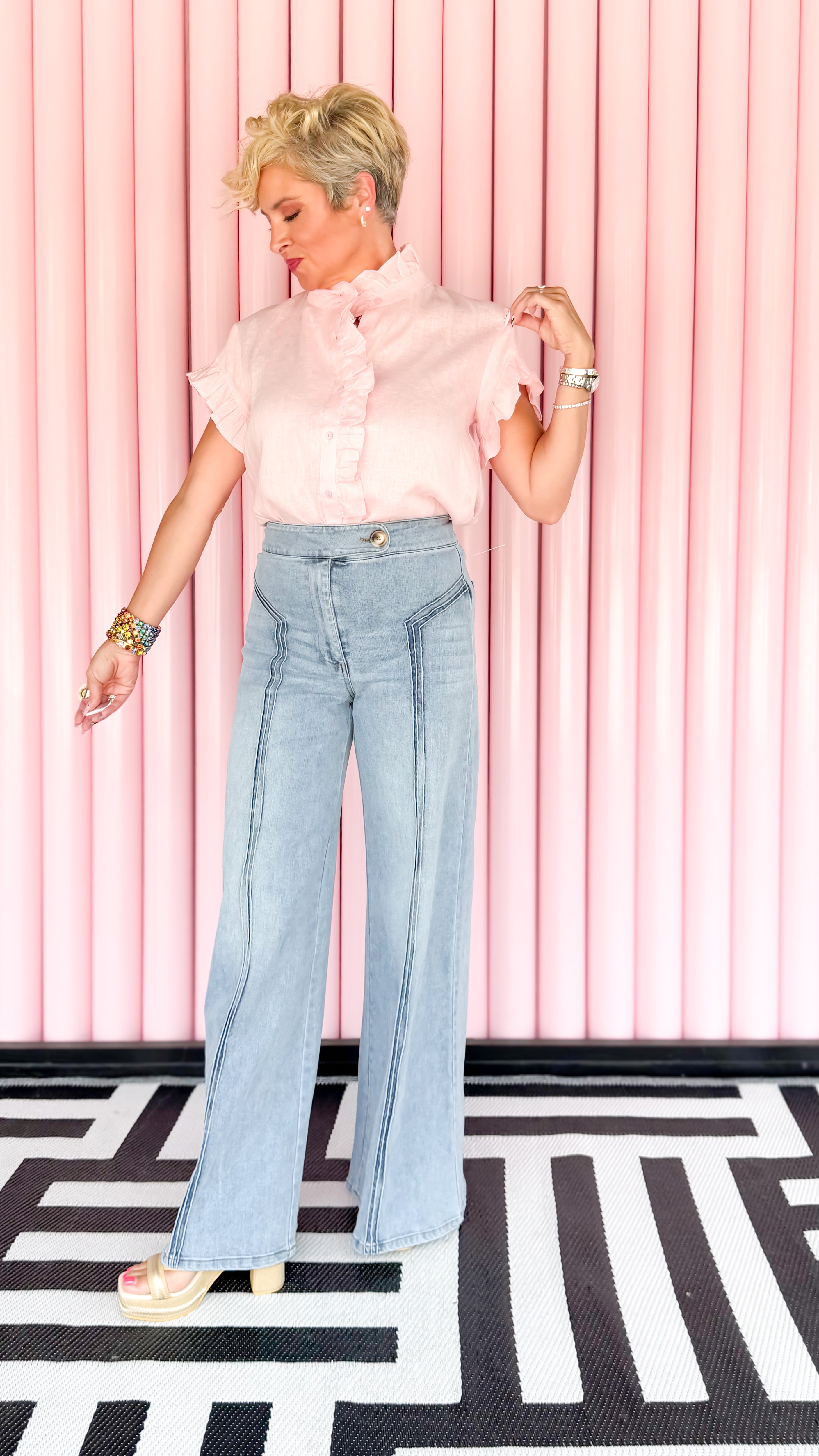 Linen Ruffle Placket Blouse/Ballet Pink