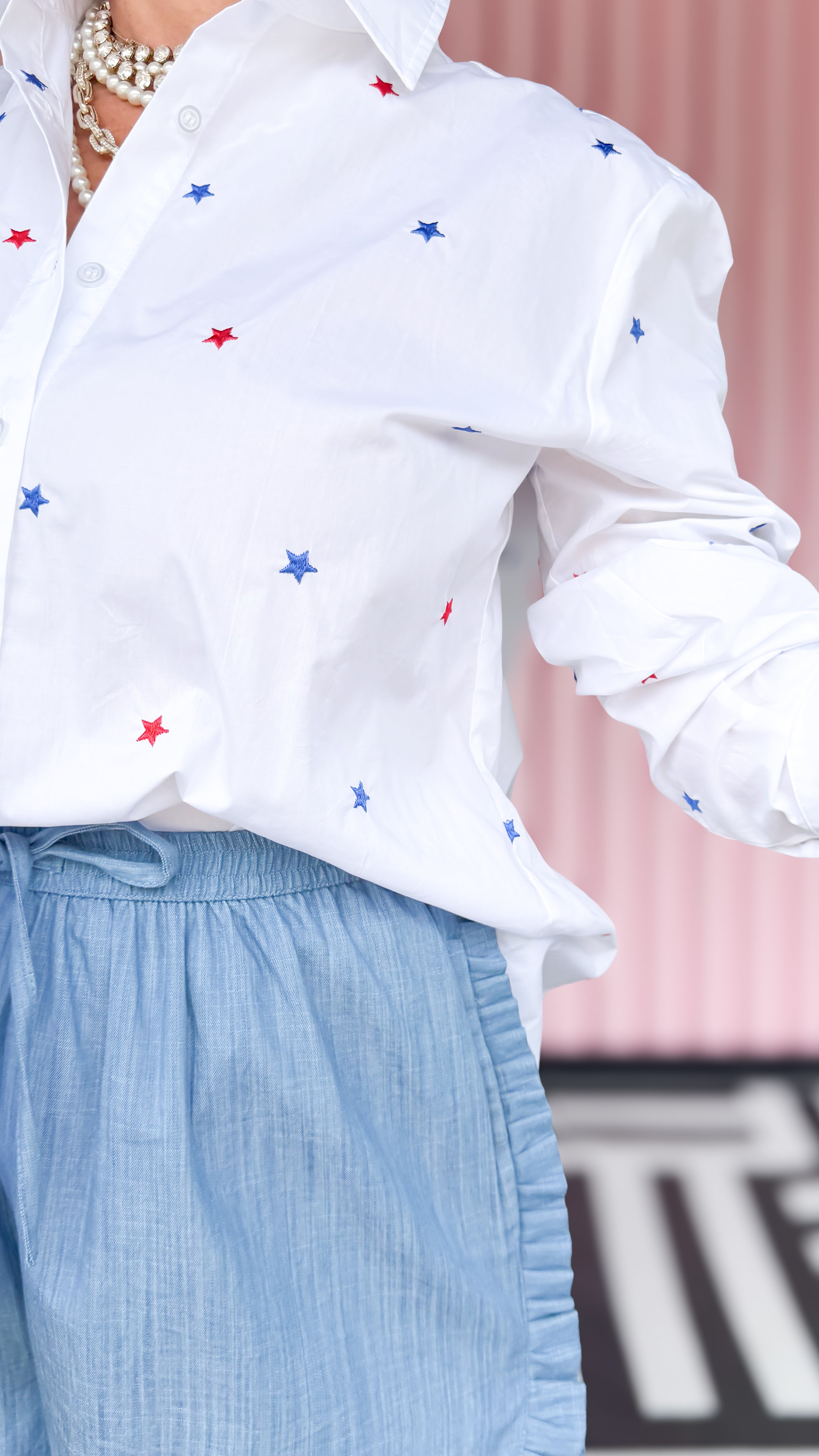 Embroidered Star Button Down/White