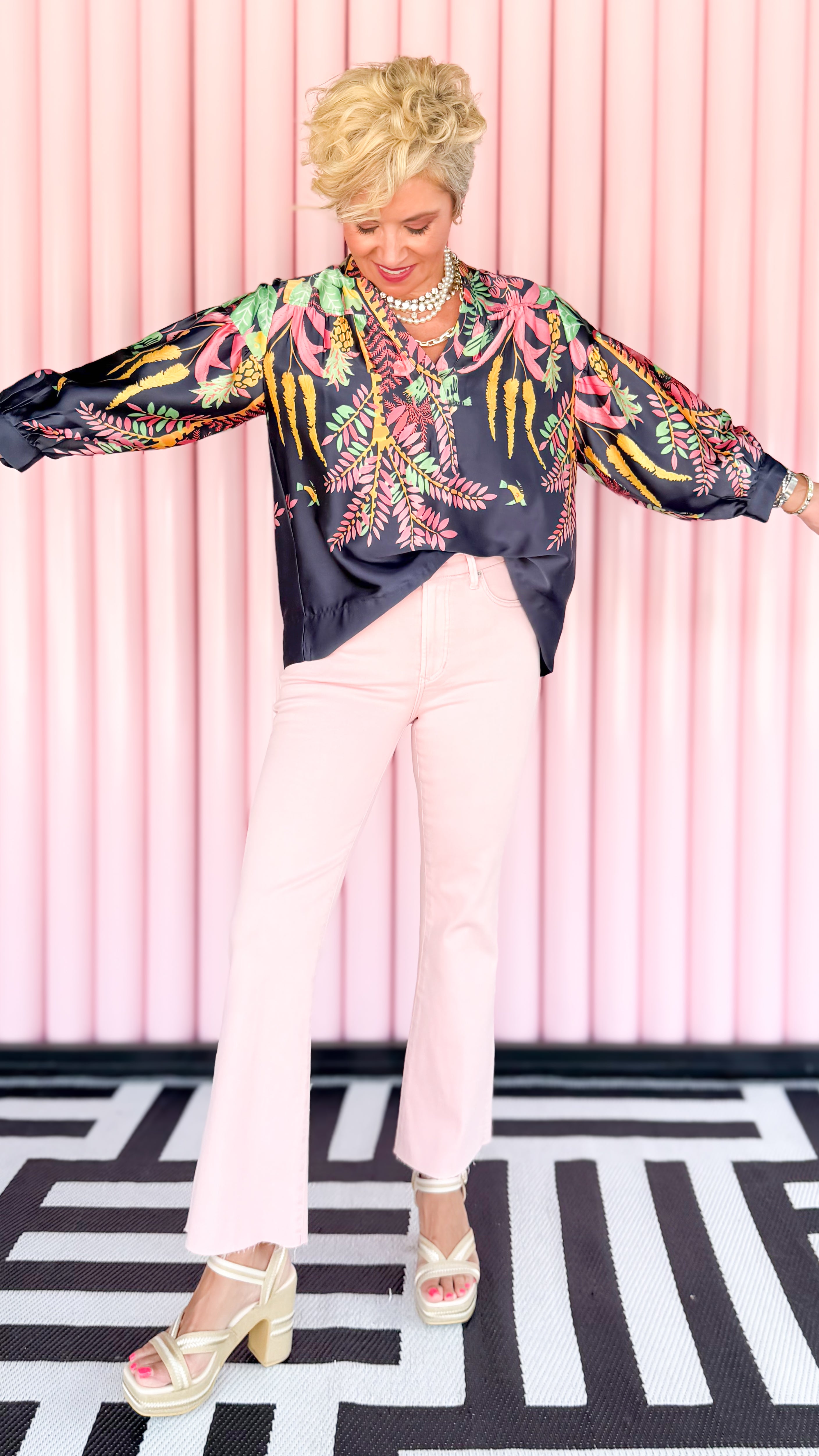 Tina Tropical Floral Top/Navy
