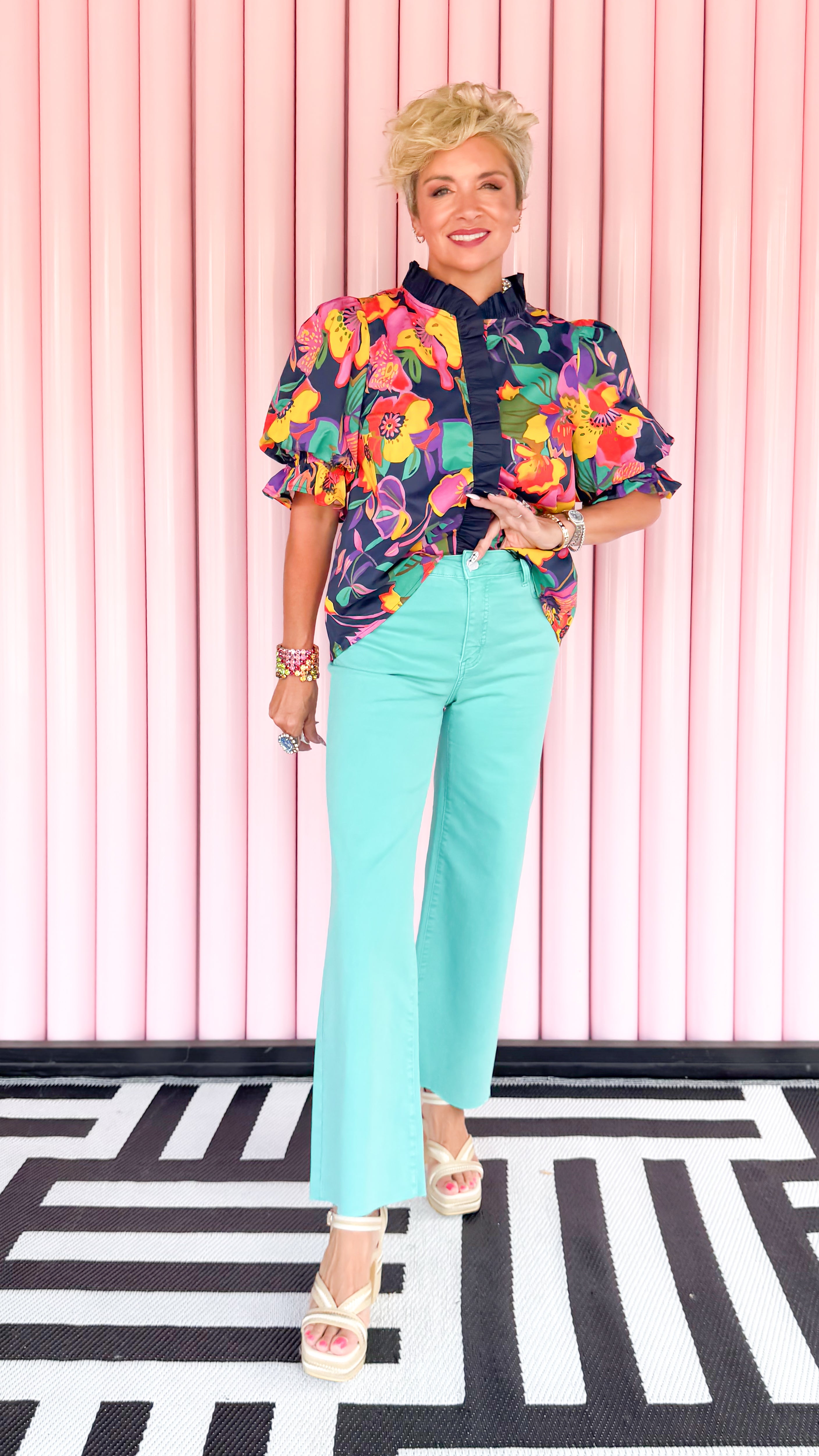 Wide Leg Crop With Raw Edge Hem - Turquoise