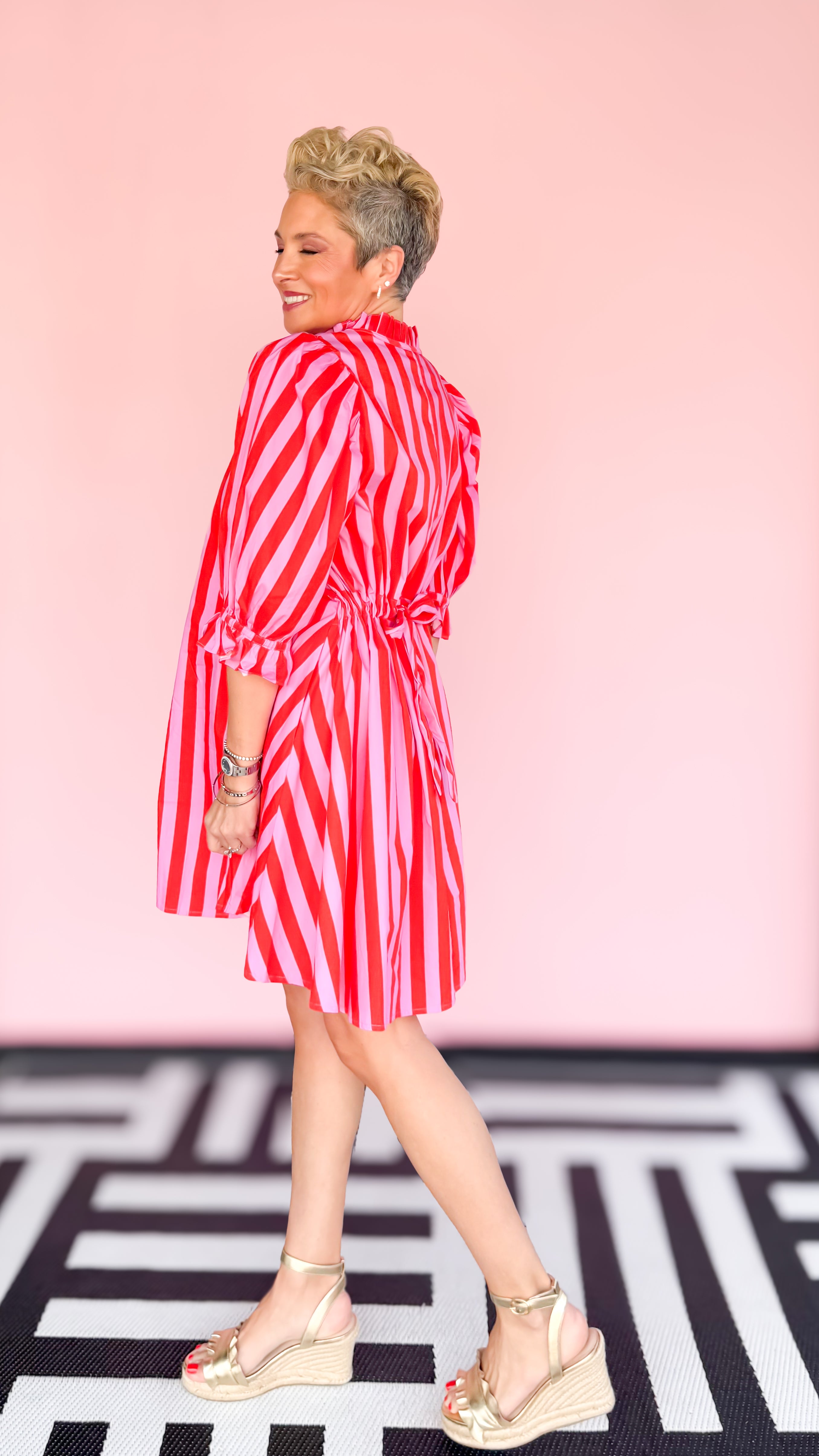 Pink/Red 3/4 Sleeve Stripe Dress - The BLVD