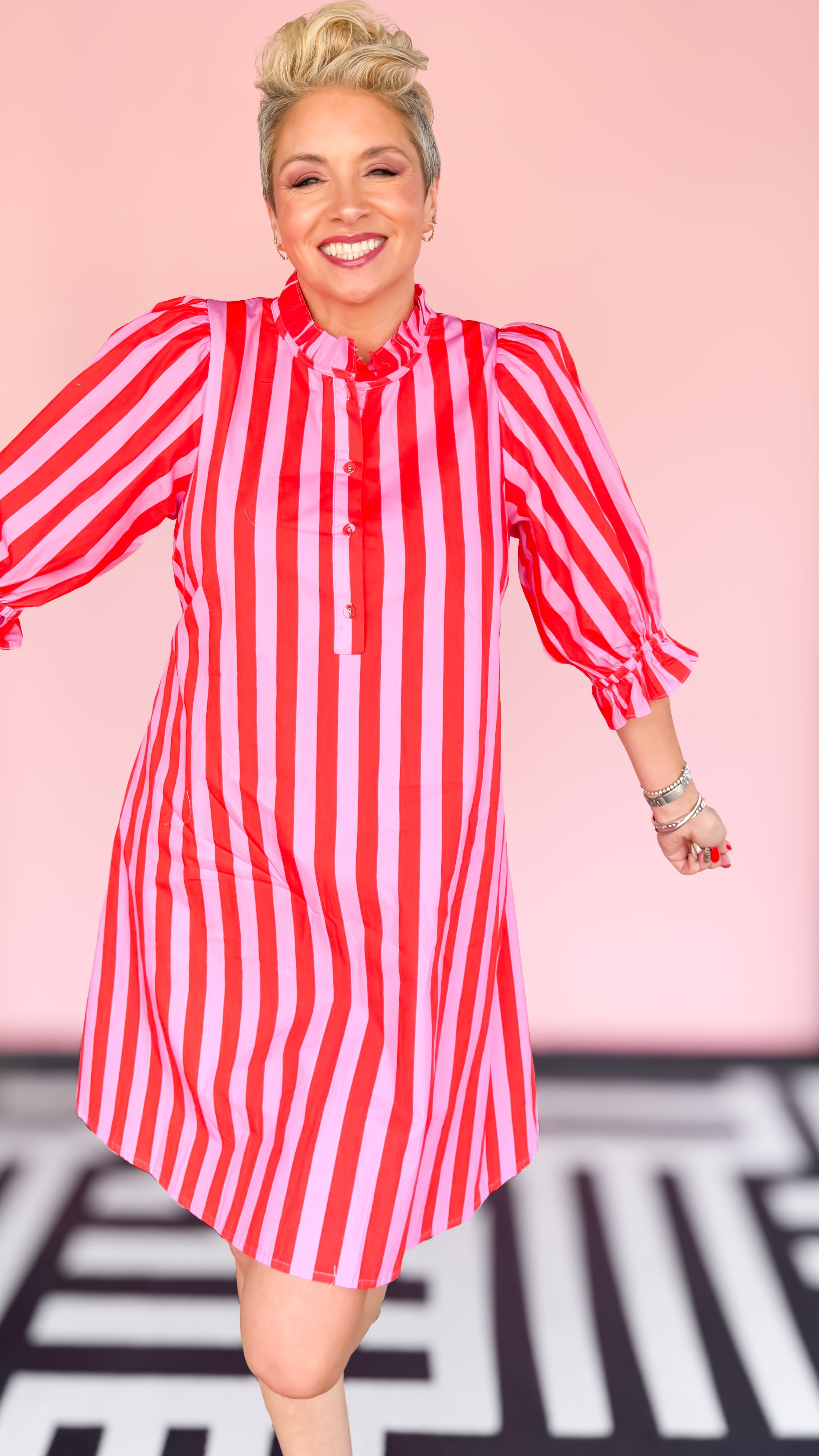 Pink/Red 3/4 Sleeve Stripe Dress - The BLVD