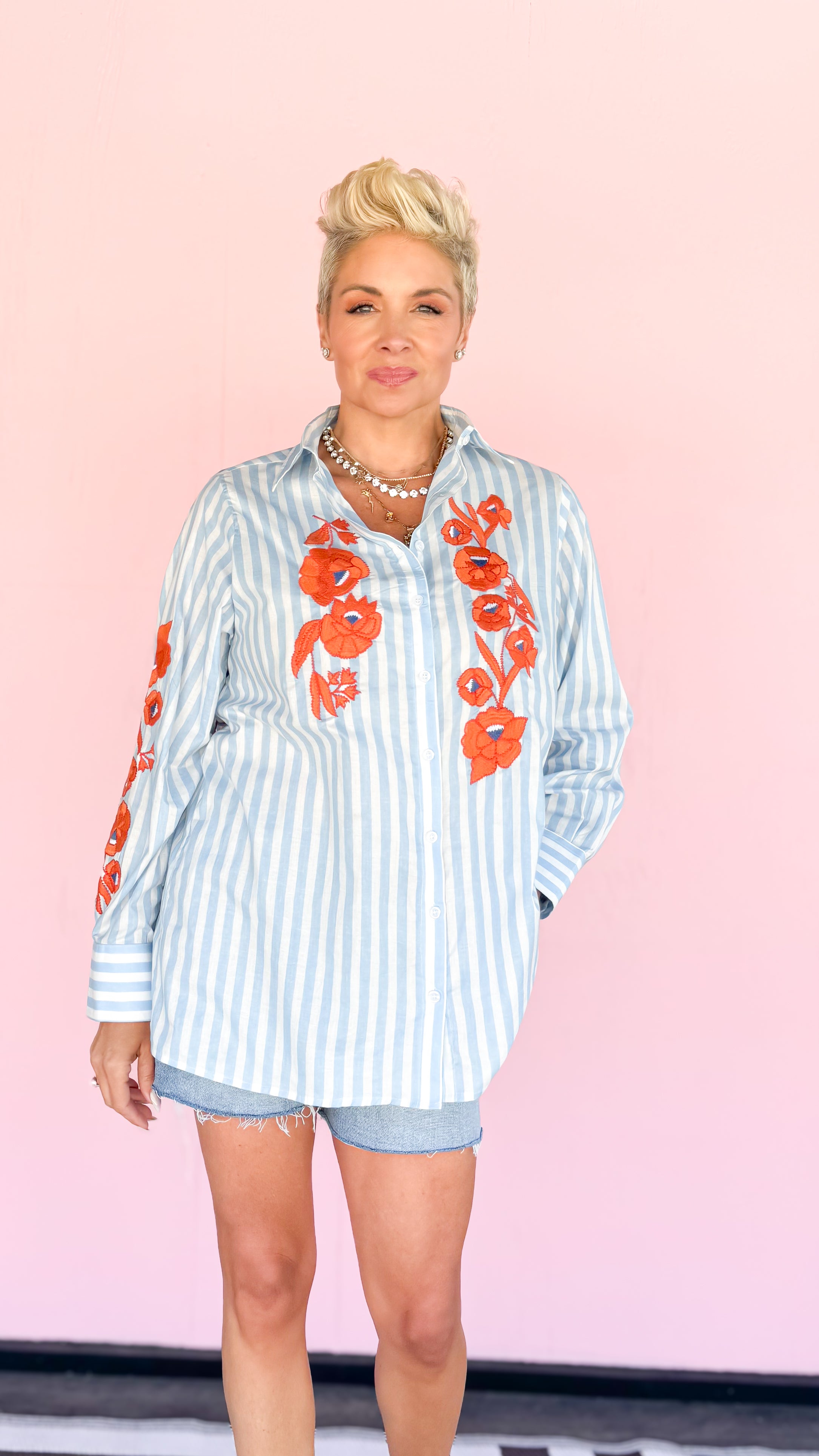 Stripe&Embroidered Top/Blue&Orange