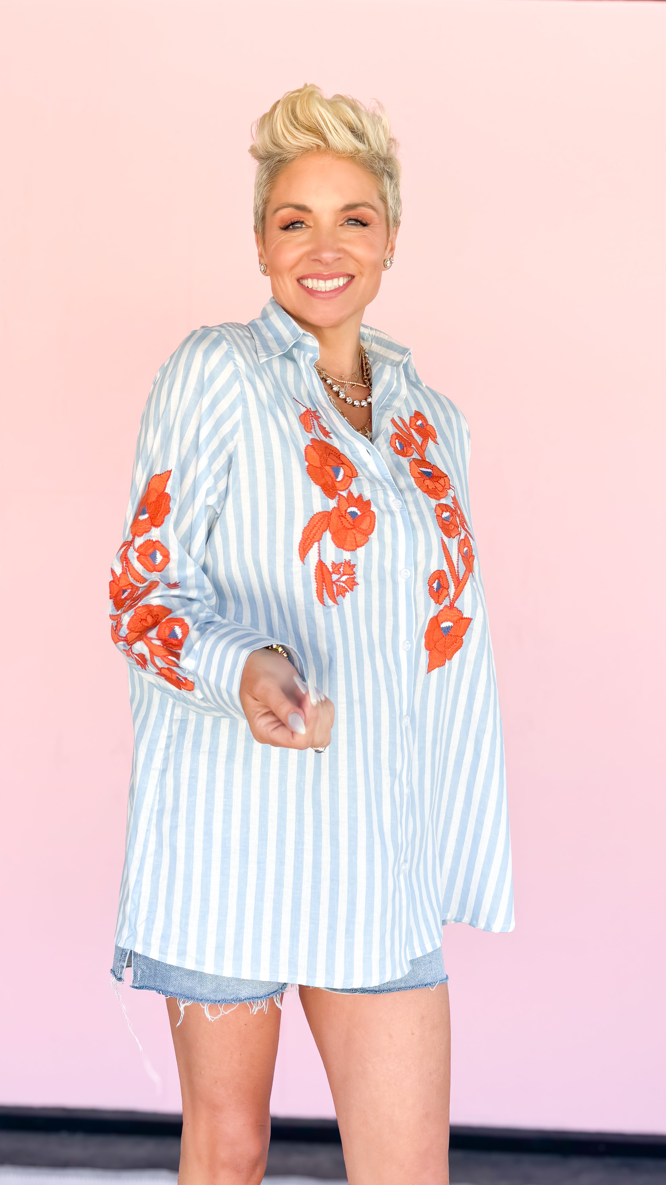 Stripe&Embroidered Top/Blue&Orange