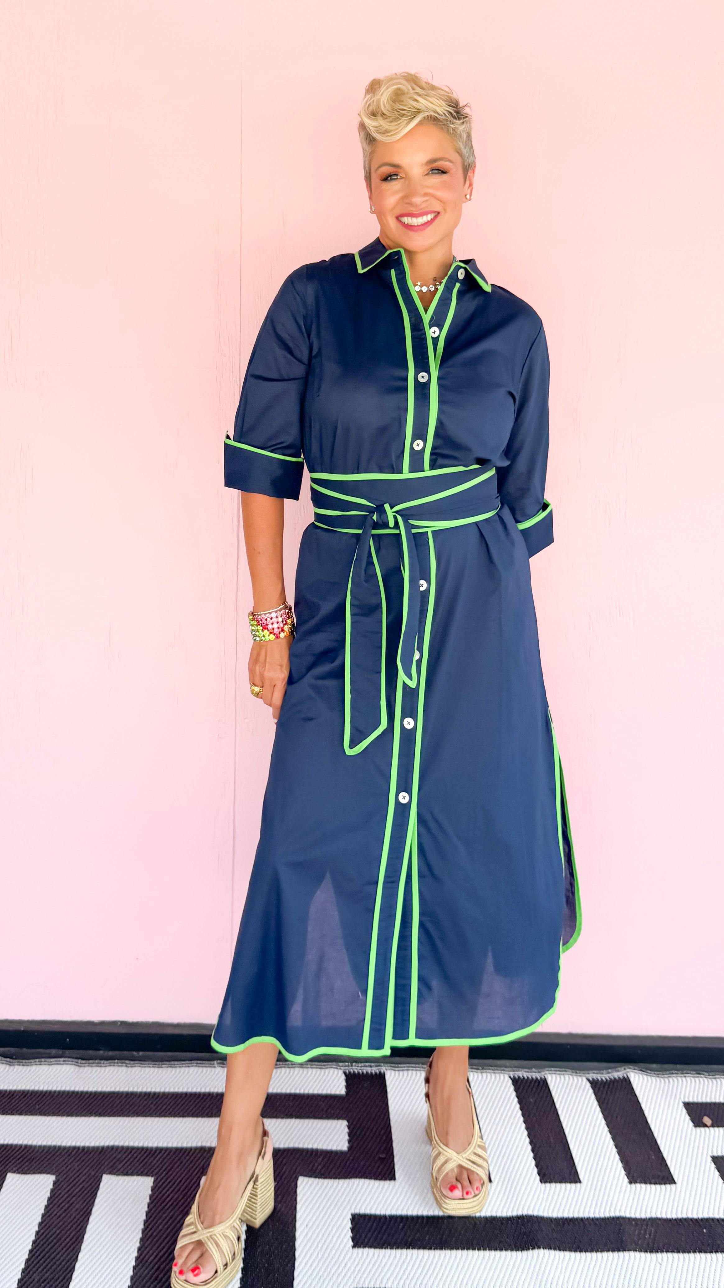 Shirt Tails Long Dress/Navy&Green - The BLVD