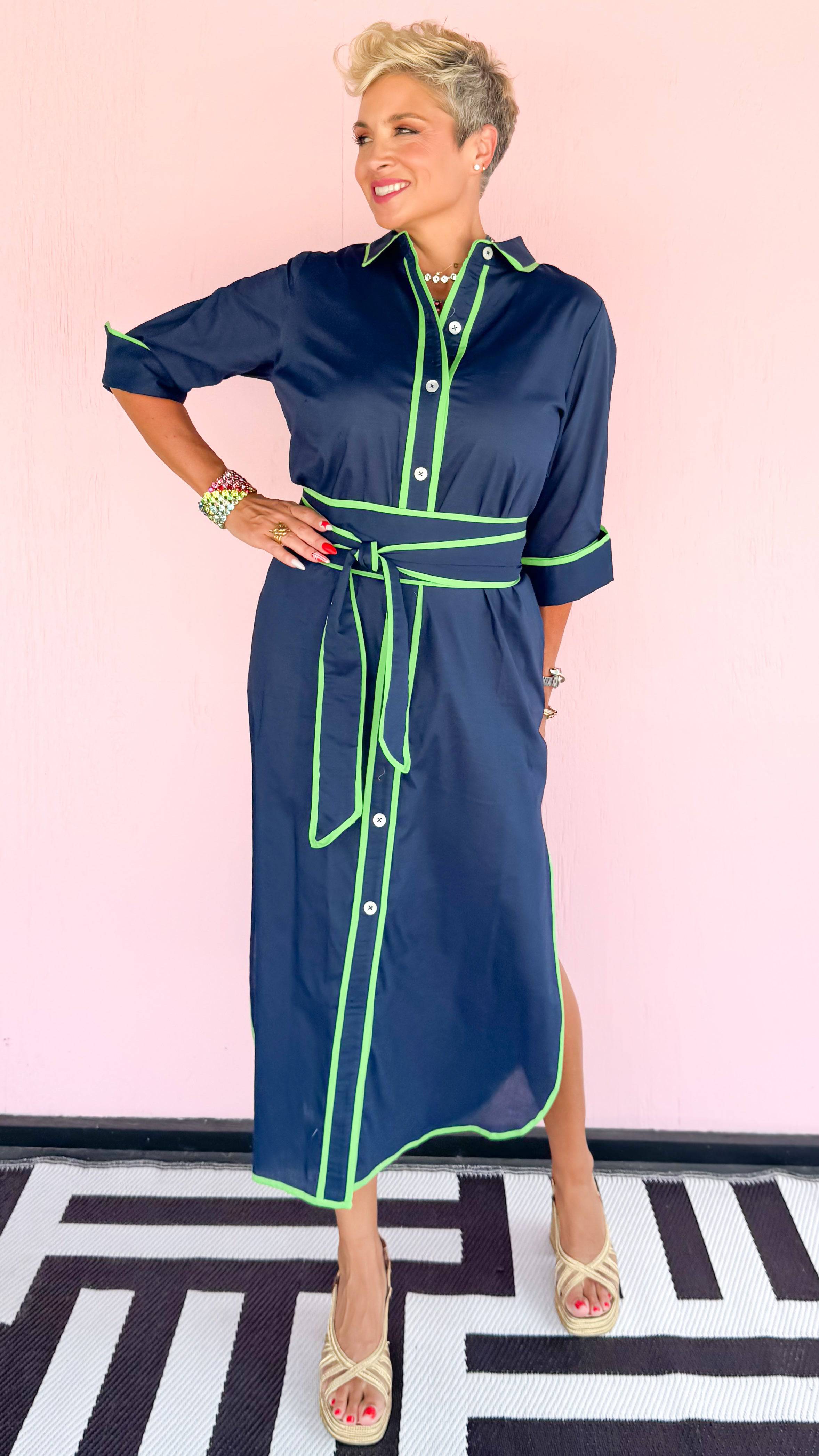 Shirt Tails Long Dress/Navy&Green - The BLVD