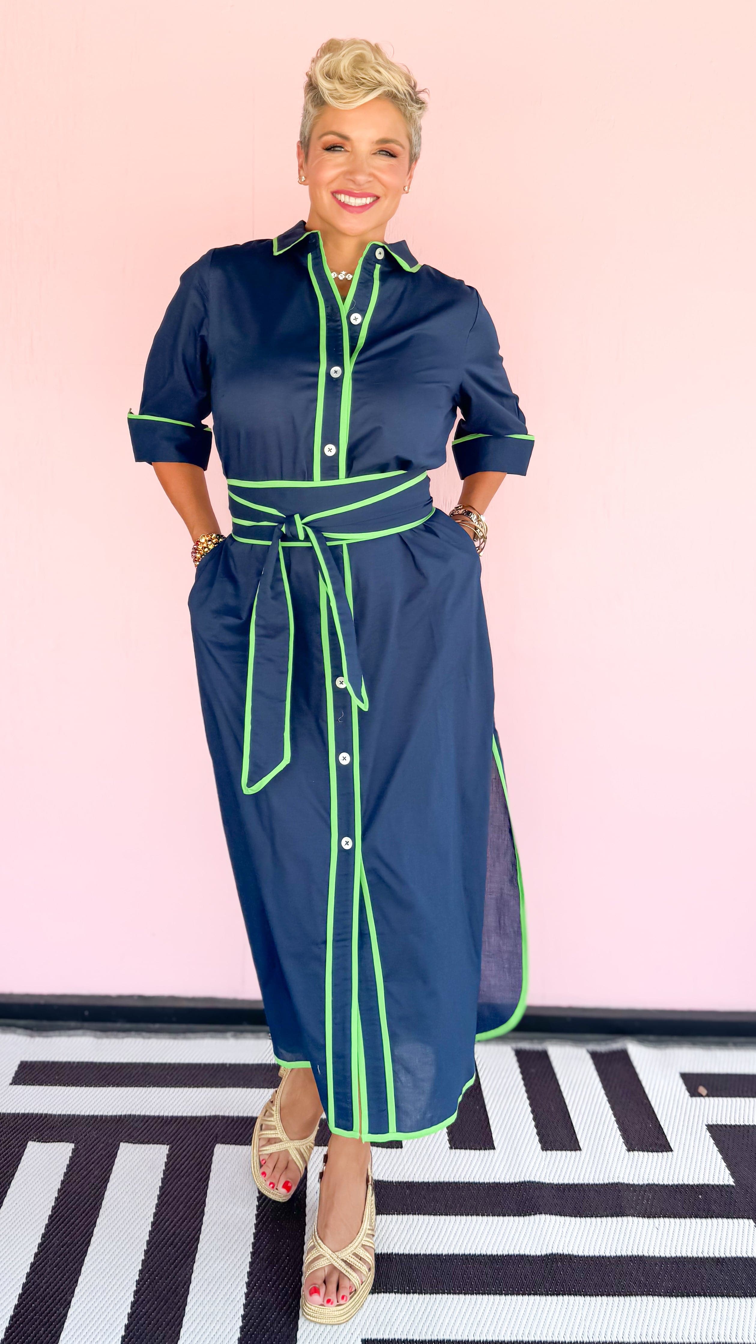Shirt Tails Long Dress/Navy&Green - The BLVD