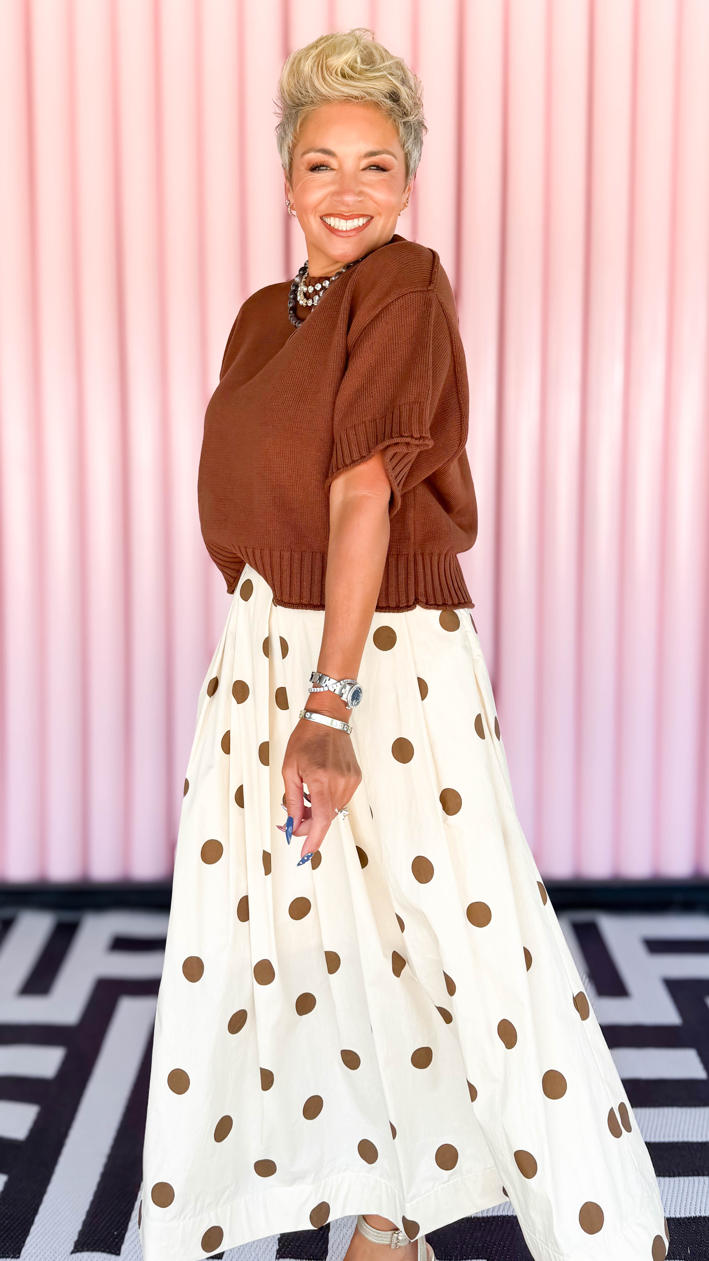 Polka Dot Pleated Midi Skirt/Brown