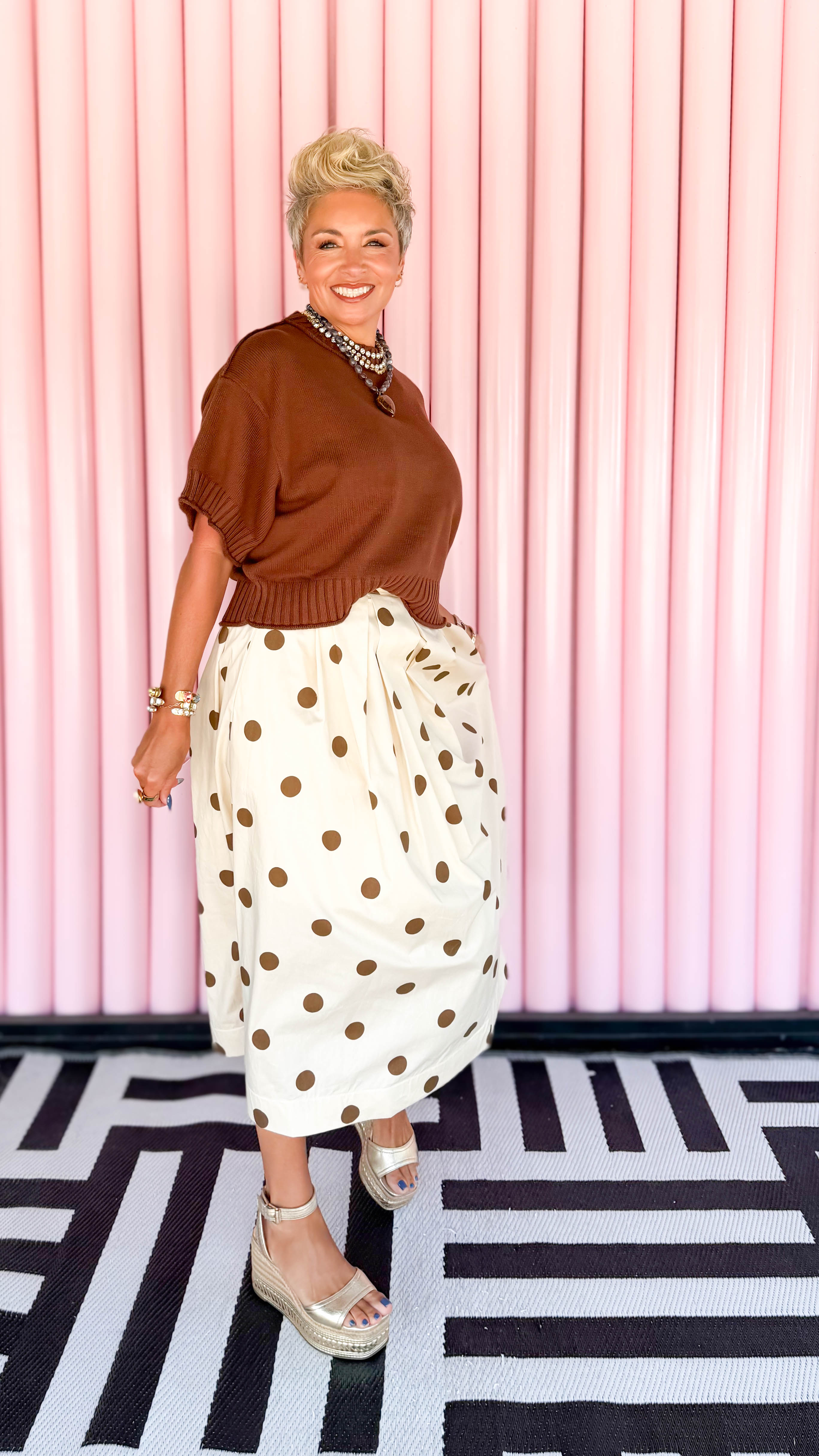Polka Dot Pleated Midi Skirt/Brown
