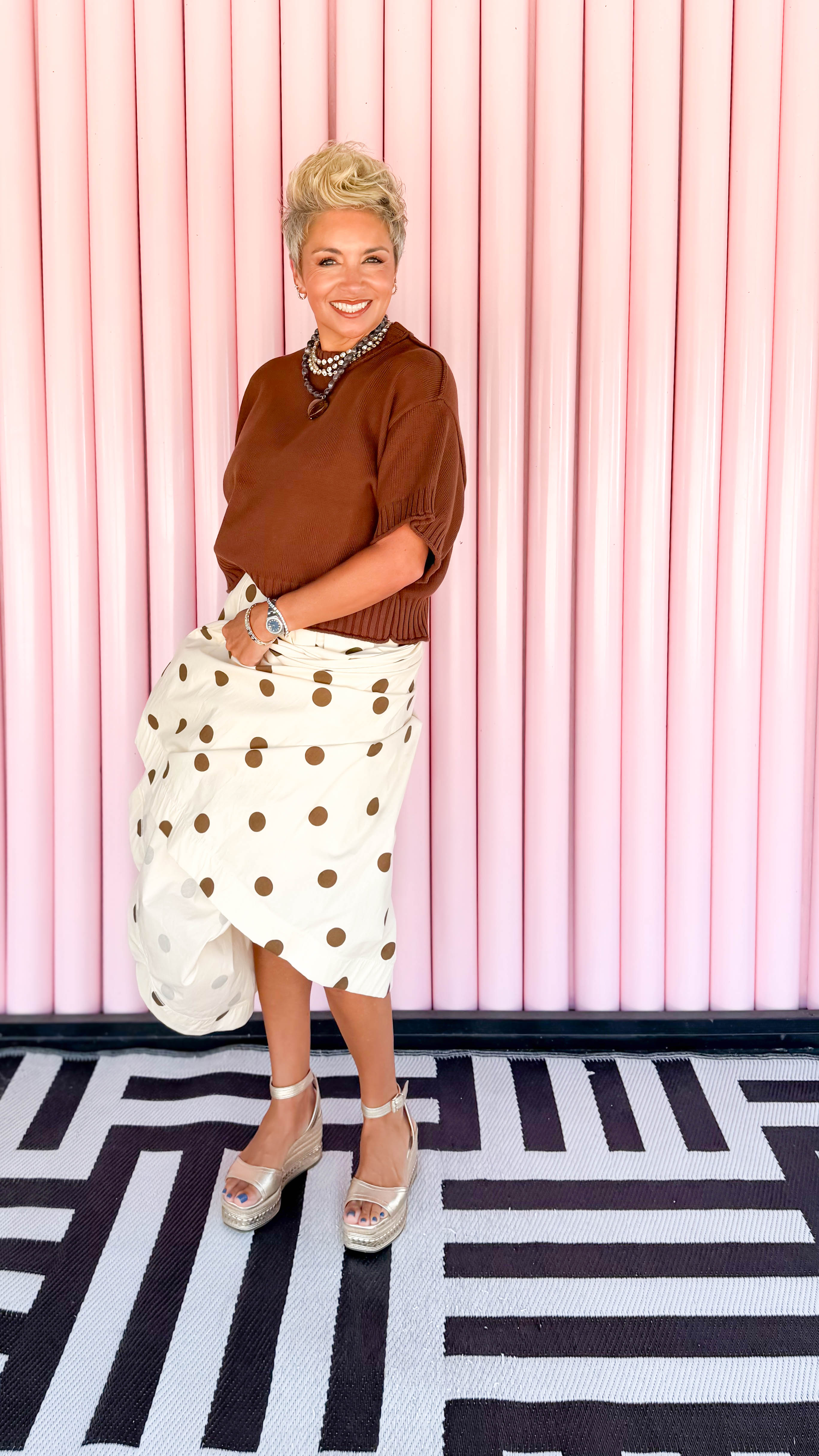 Polka Dot Pleated Midi Skirt/Brown