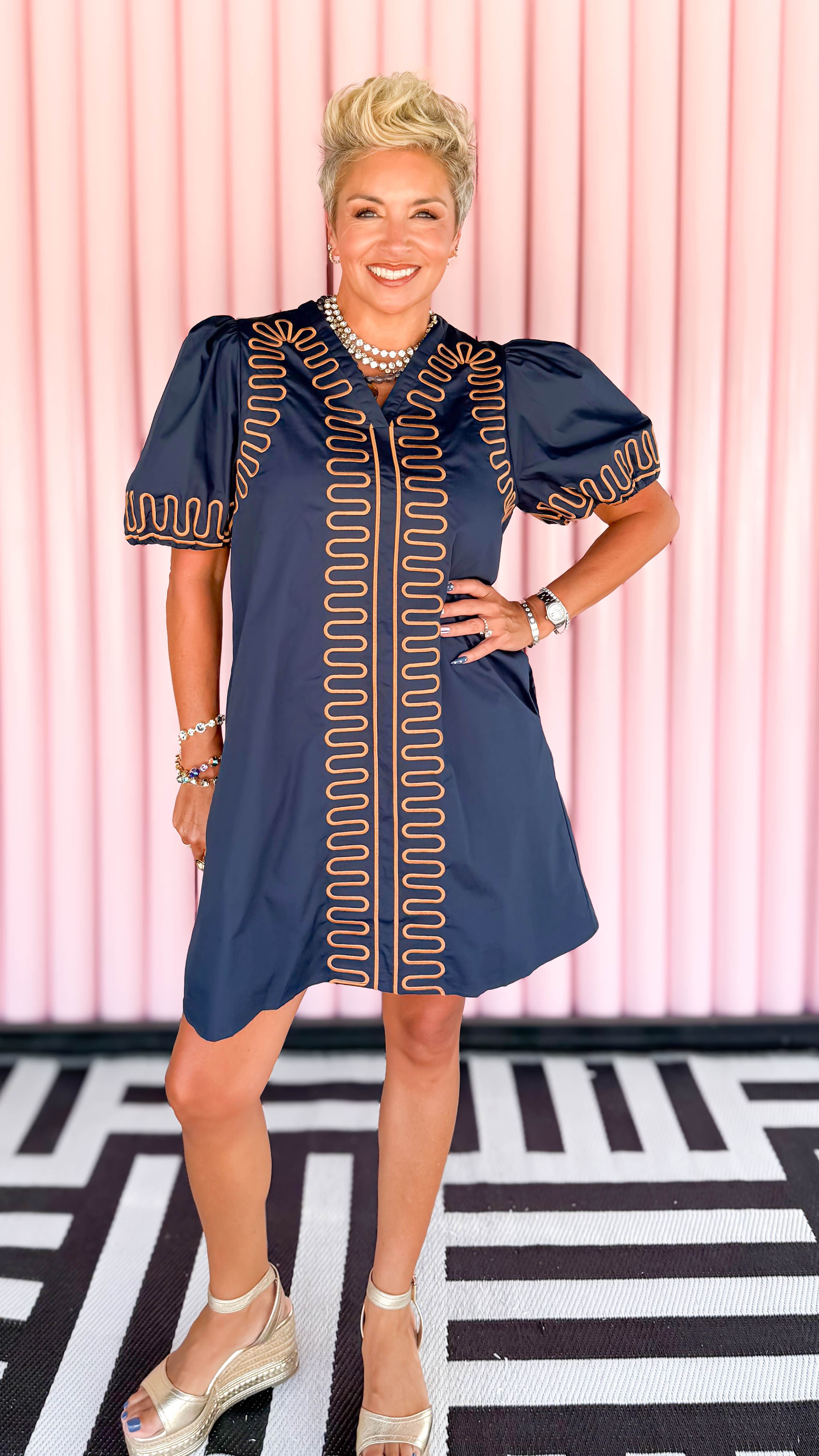 Squiggle Embroidery Mini Dress/Navy
