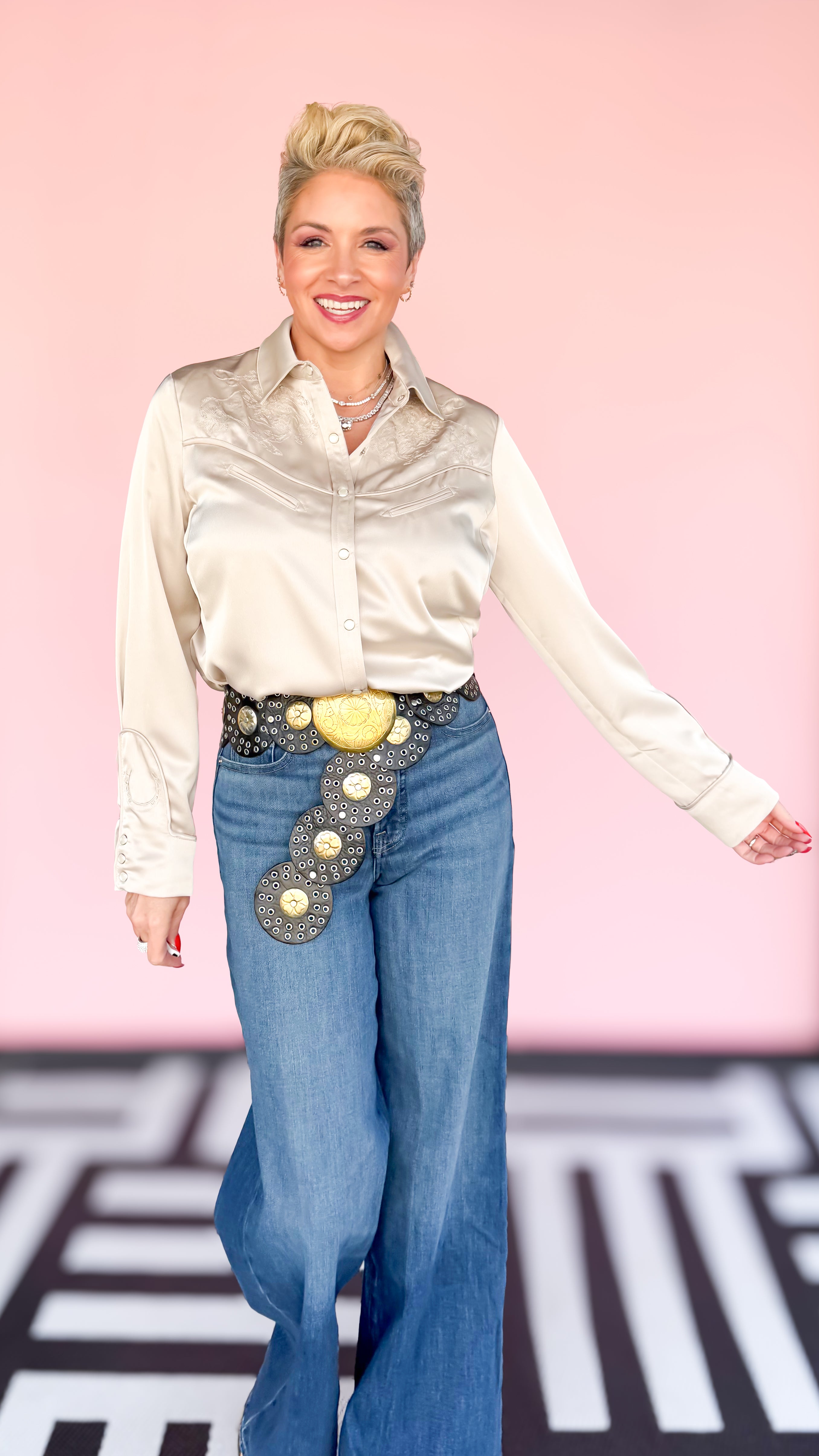 Cowboy Embroidered Satin Snap Top/Tan - The BLVD