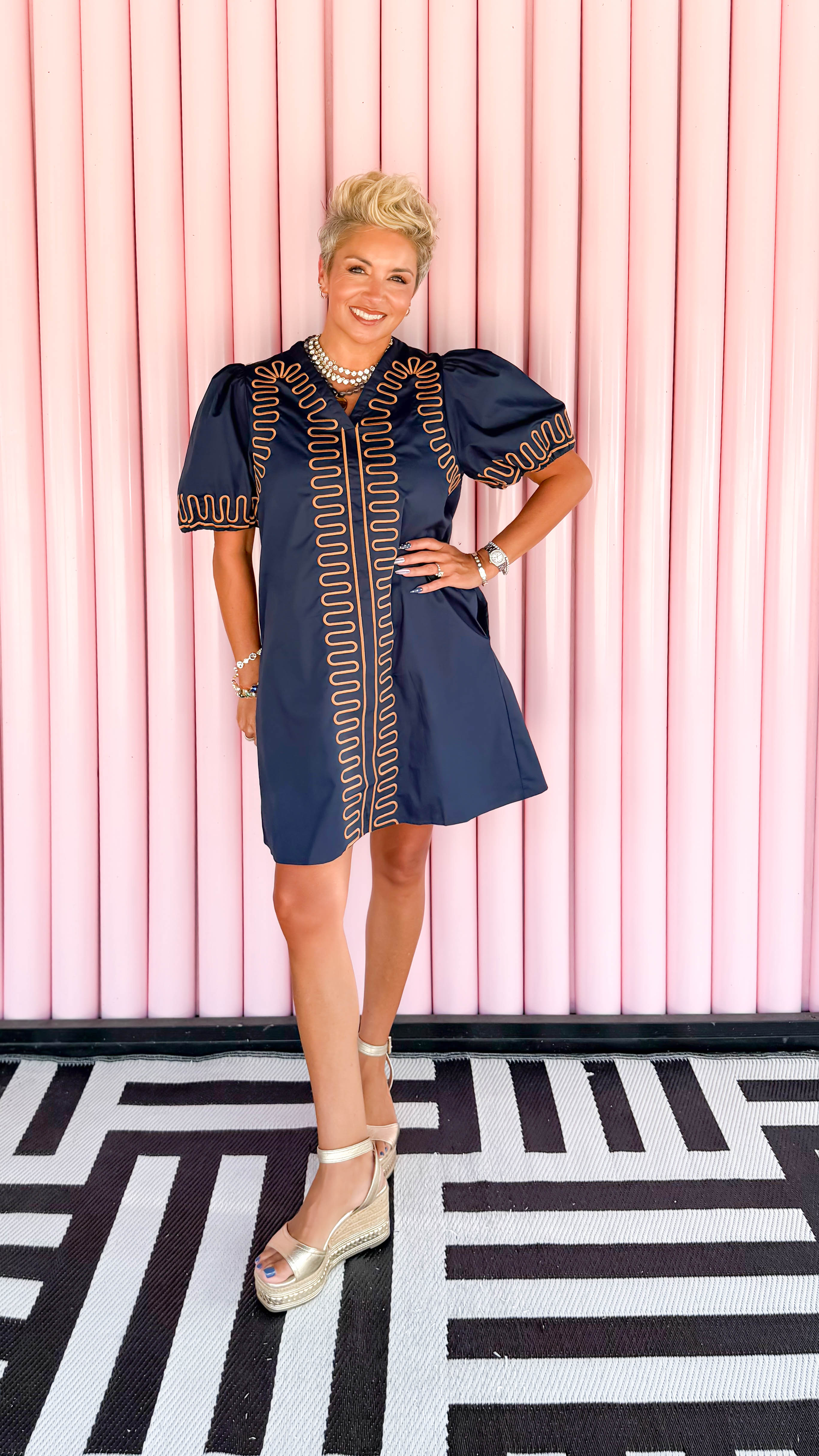 Squiggle Embroidery Mini Dress/Navy