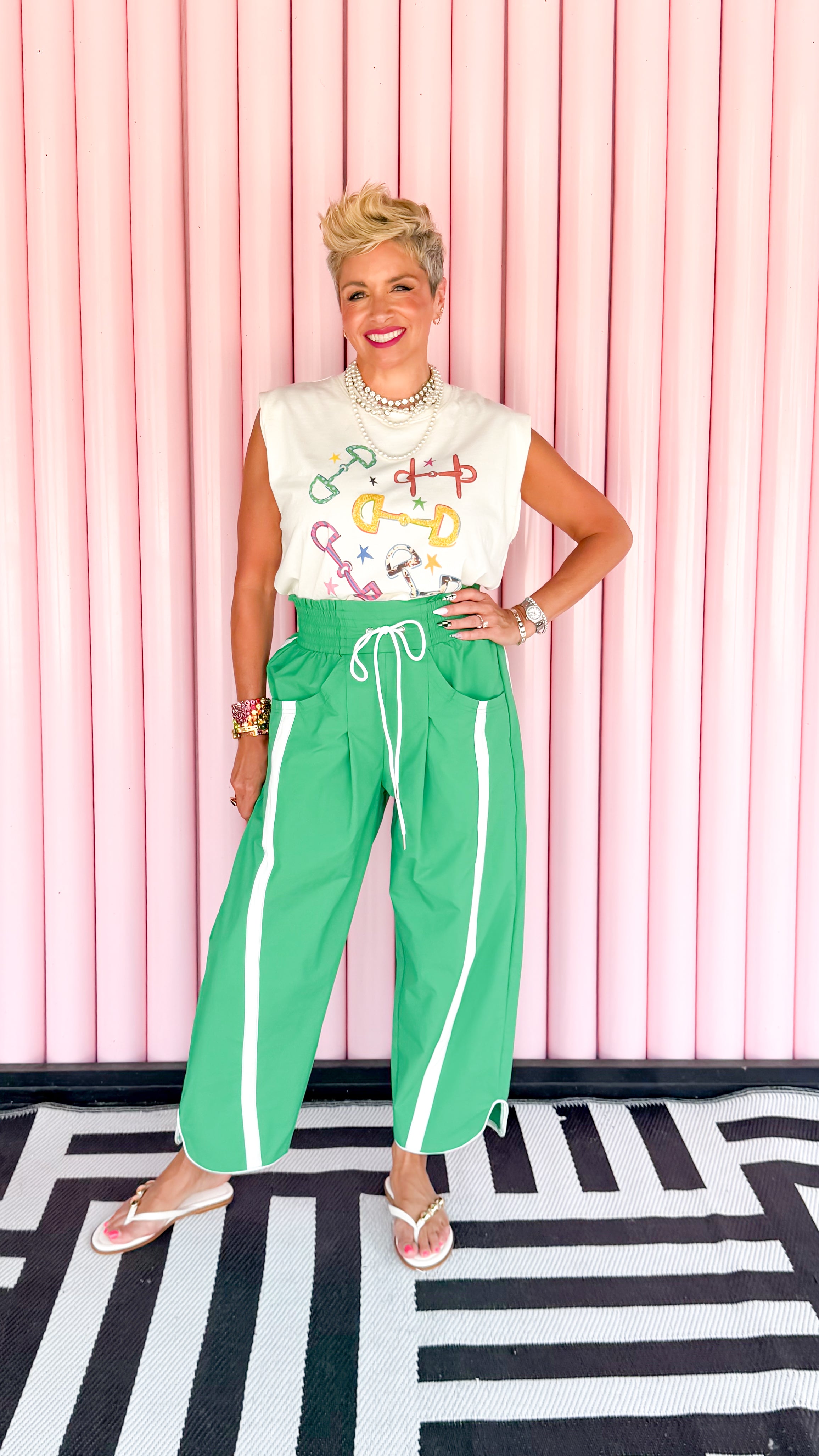 Windbreaker Pants with Contrast Stripe/Green