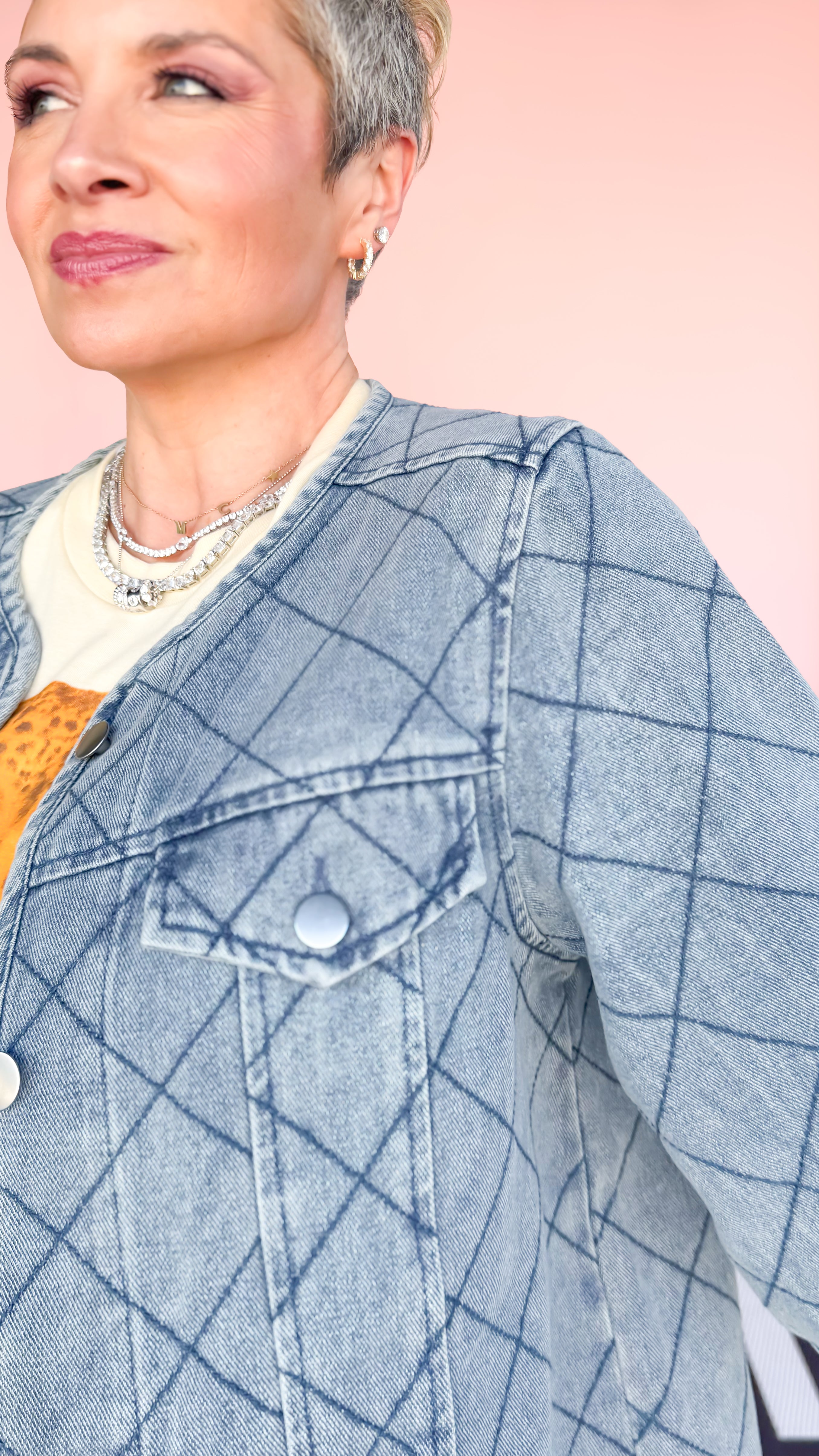 Stitch detail denim jacket worn on model - styled view - BLVD Boutik