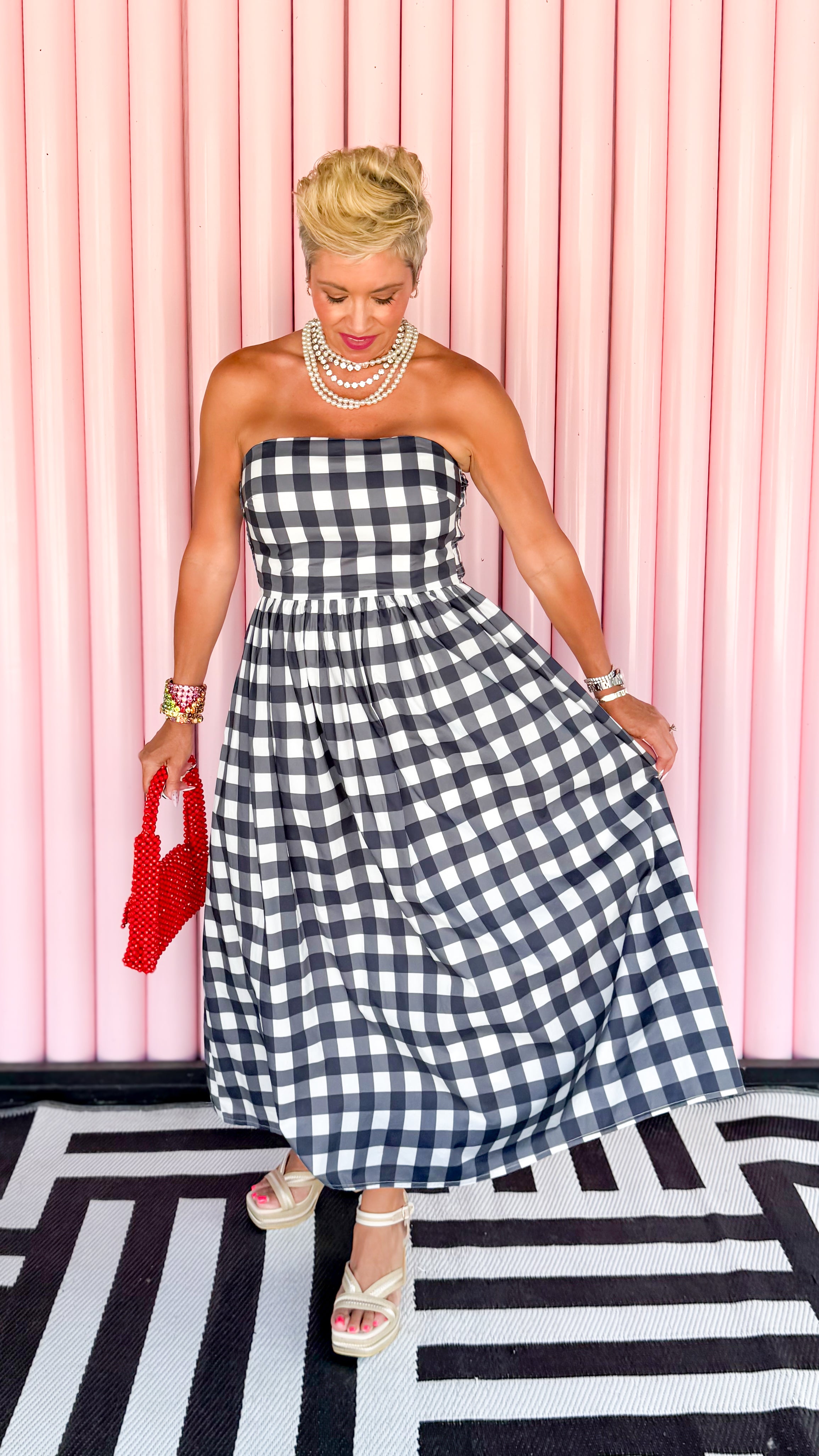 Gingham Strapless Dress/Navy