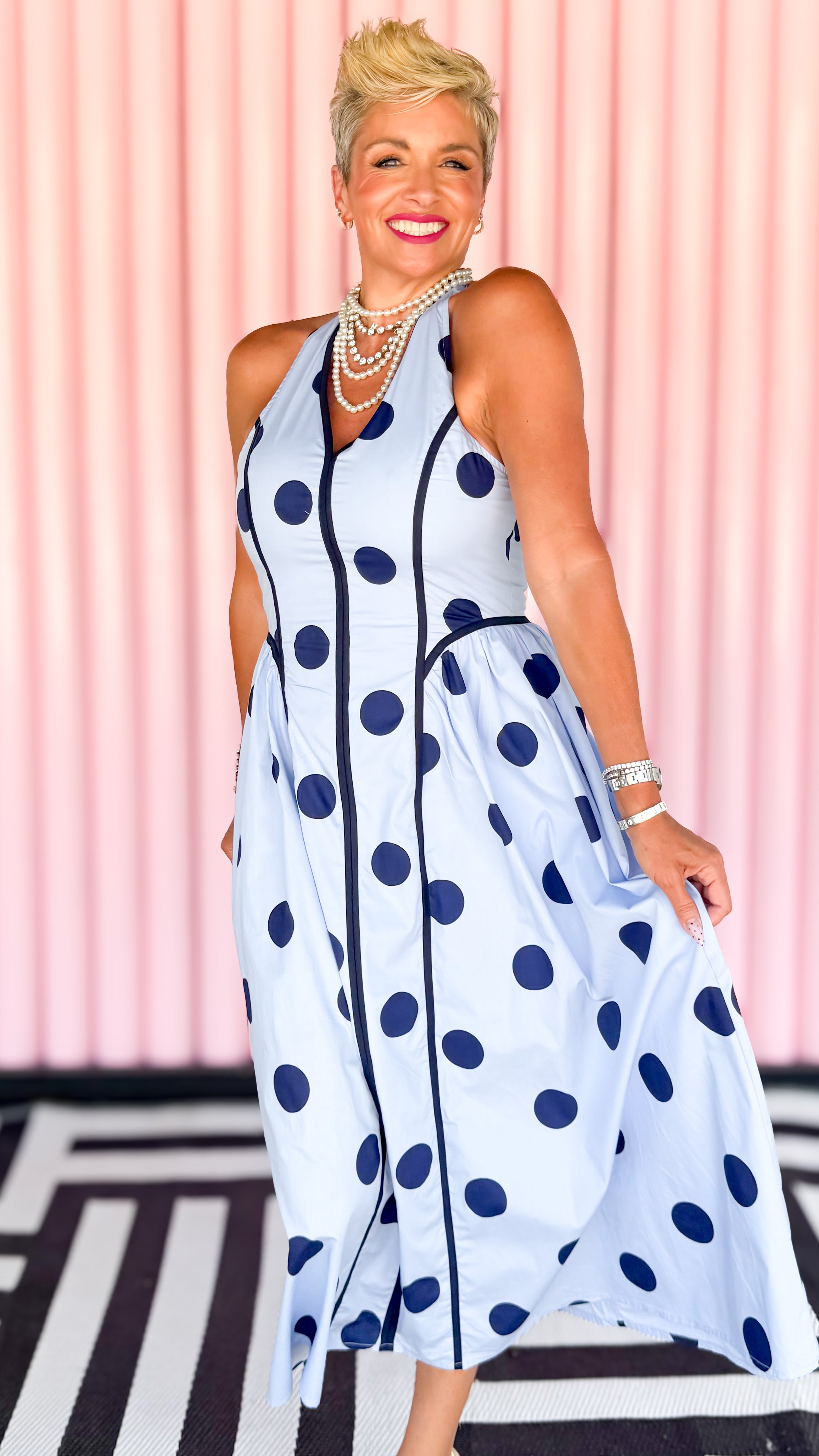 Polka Dot Halter Midi Dress/Navy