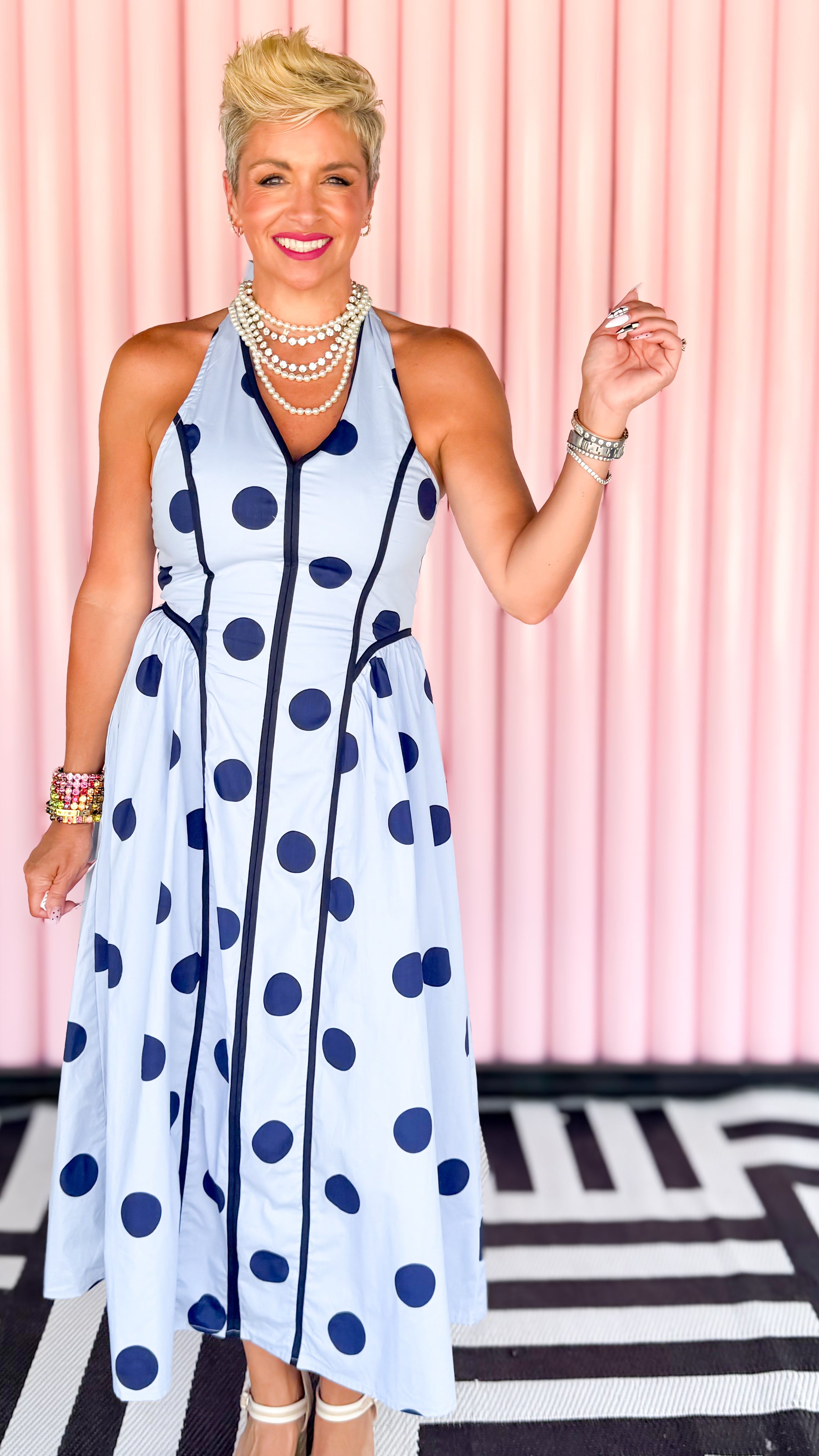Polka Dot Halter Midi Dress/Navy